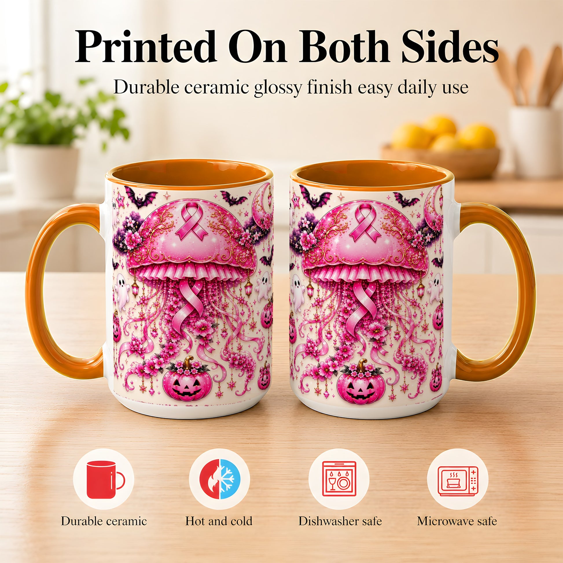 #pl[15oz|Orange] Pink Ribbon Jellyfish Coffee Mug, Halloween Mug, Ceramic Cup