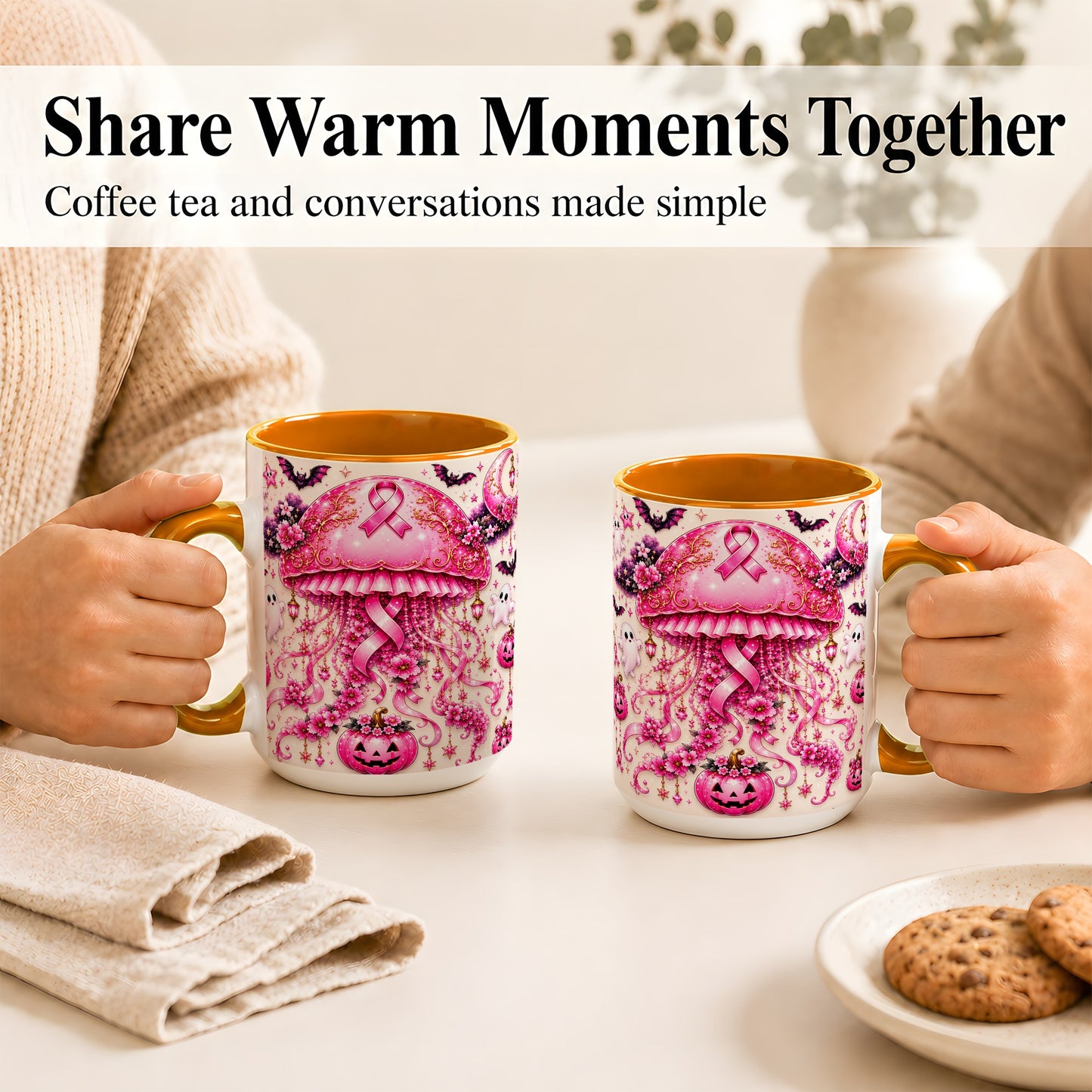 #pl[15oz|Orange] Pink Ribbon Jellyfish Coffee Mug, Halloween Mug, Ceramic Cup