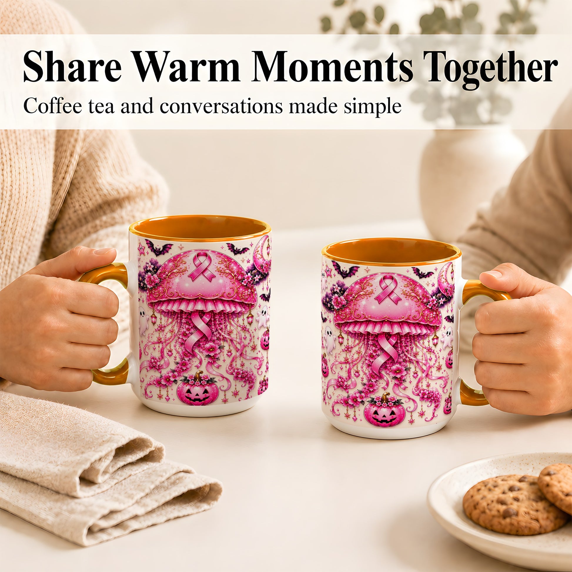 #pl[15oz|Orange] Pink Ribbon Jellyfish Coffee Mug, Halloween Mug, Ceramic Cup