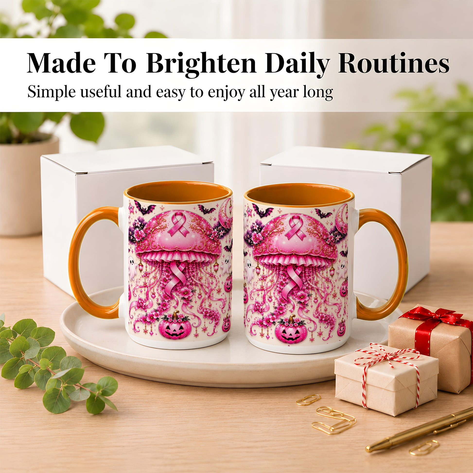 #pl[15oz|Orange] Pink Ribbon Jellyfish Coffee Mug, Halloween Mug, Ceramic Cup