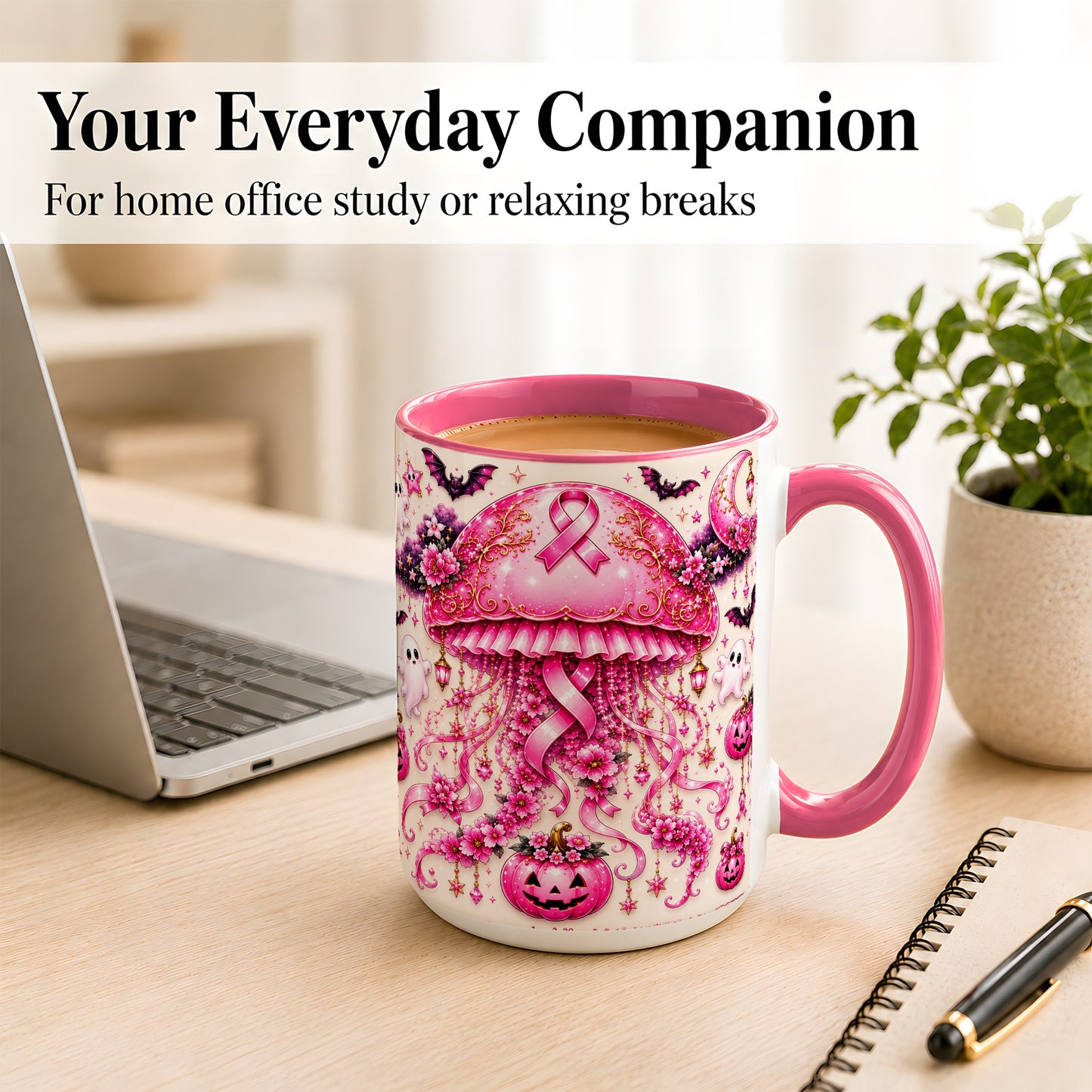 #pl[15oz|Pink] Pink Ribbon Jellyfish Coffee Mug, Halloween Mug, Ceramic Cup