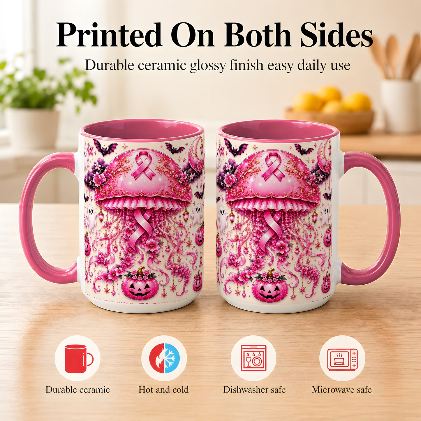 #pl[15oz|Pink] Pink Ribbon Jellyfish Coffee Mug, Halloween Mug, Ceramic Cup