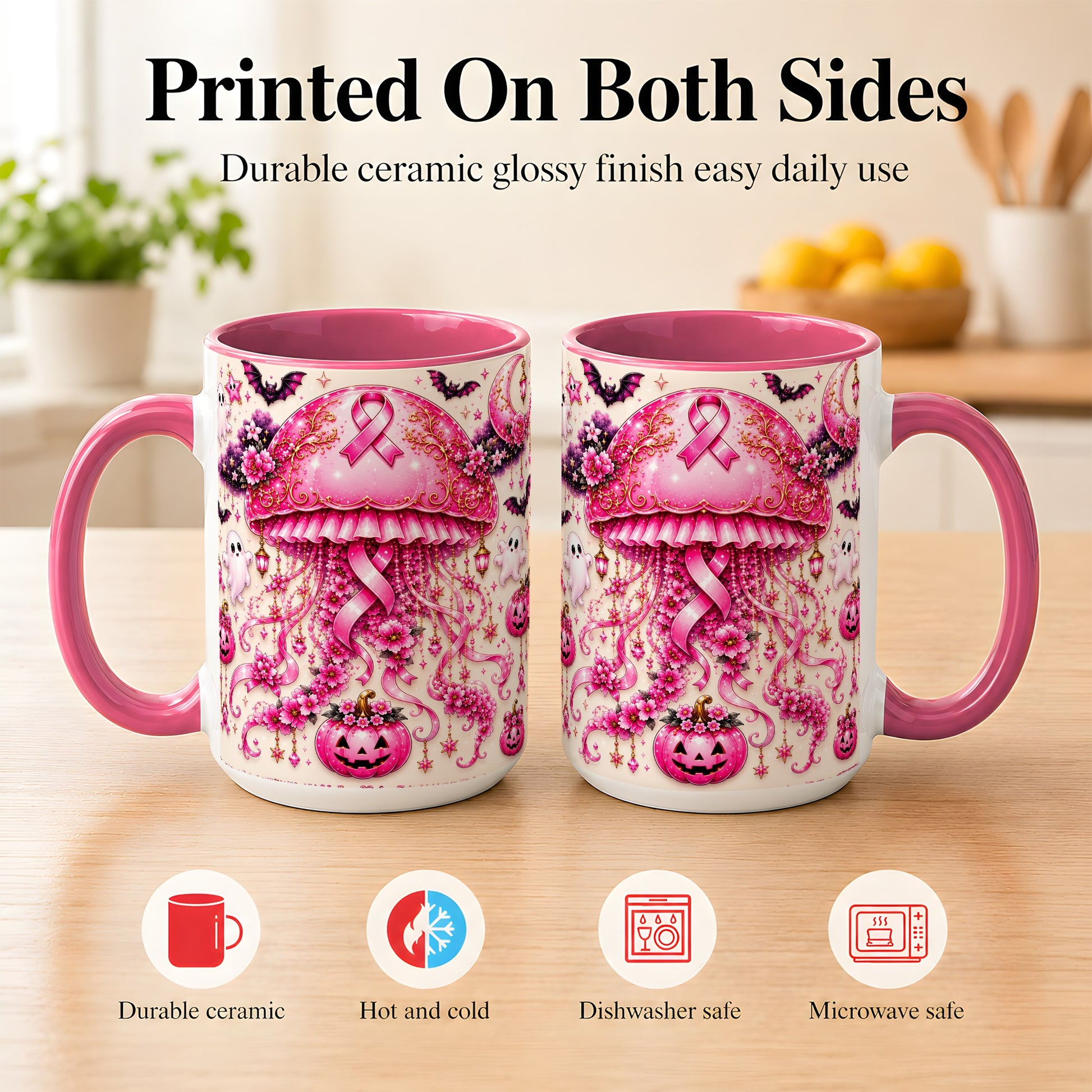 #pl[15oz|Pink] Pink Ribbon Jellyfish Coffee Mug, Halloween Mug, Ceramic Cup