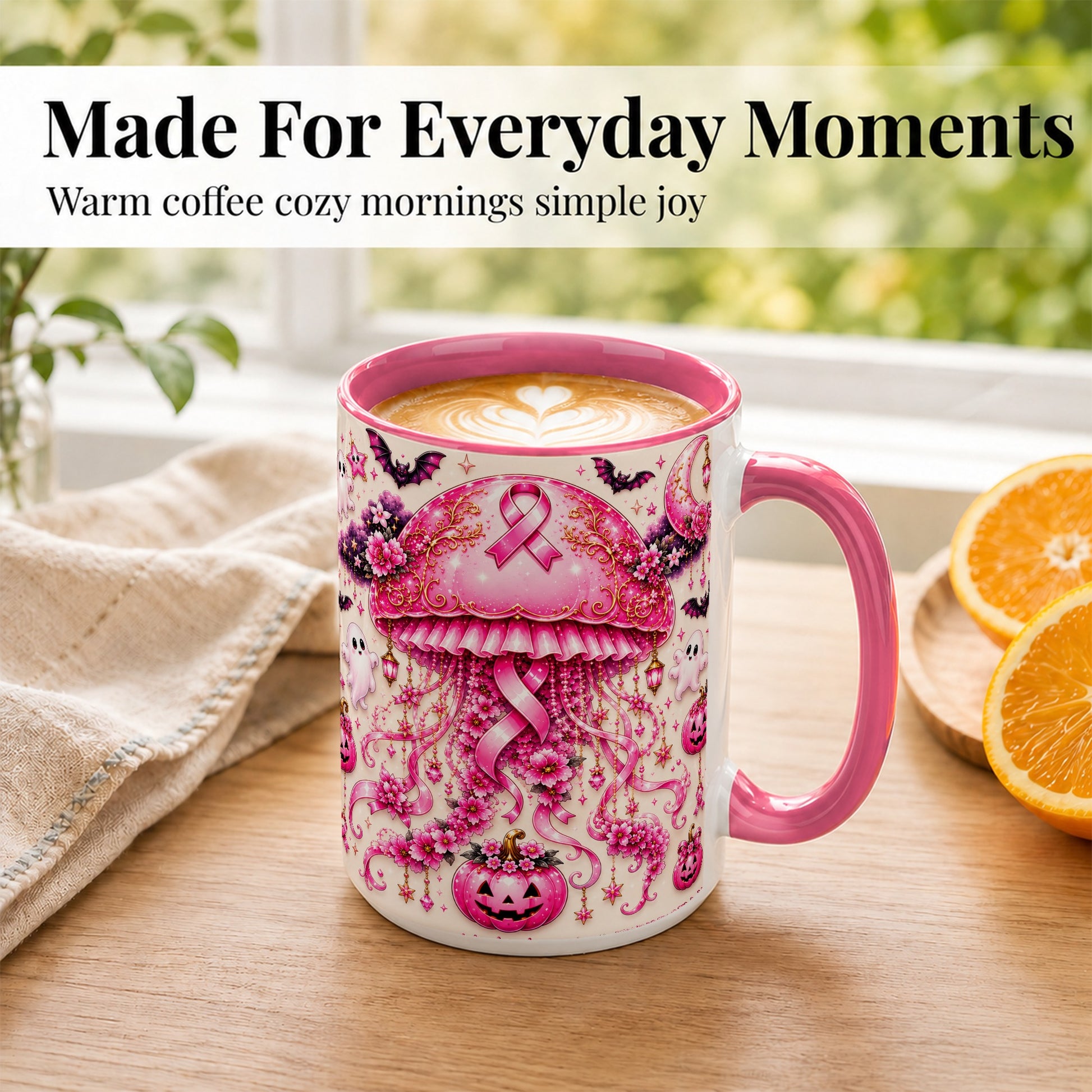 #pl[15oz|Pink] Pink Ribbon Jellyfish Coffee Mug, Halloween Mug, Ceramic Cup