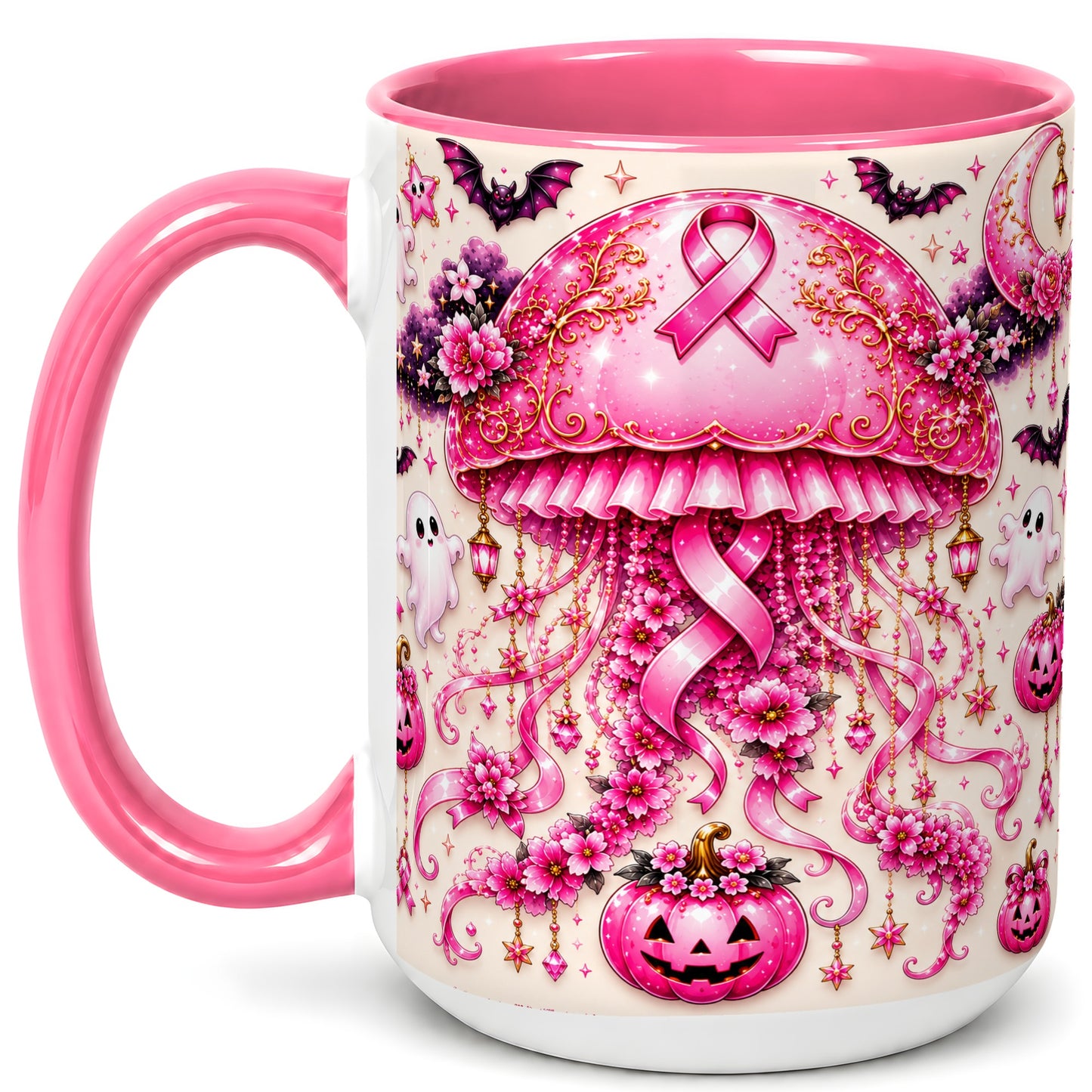 #pl[15oz|Pink] Pink Ribbon Jellyfish Coffee Mug, Halloween Mug, Ceramic Cup