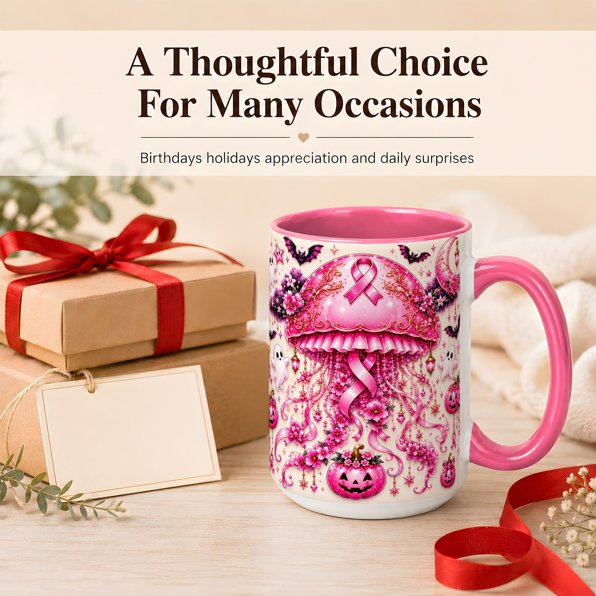 #pl[15oz|Pink] Pink Ribbon Jellyfish Coffee Mug, Halloween Mug, Ceramic Cup