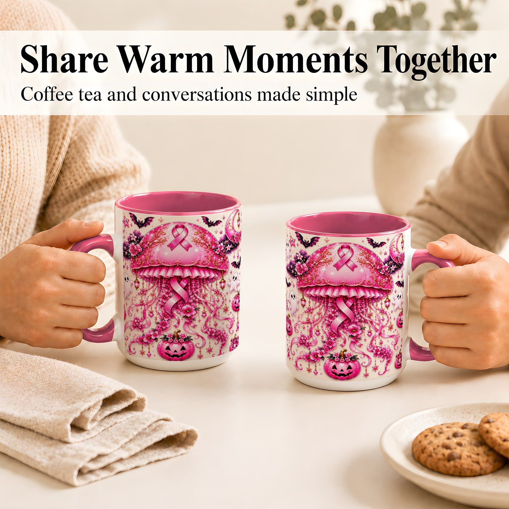 #pl[15oz|Pink] Pink Ribbon Jellyfish Coffee Mug, Halloween Mug, Ceramic Cup