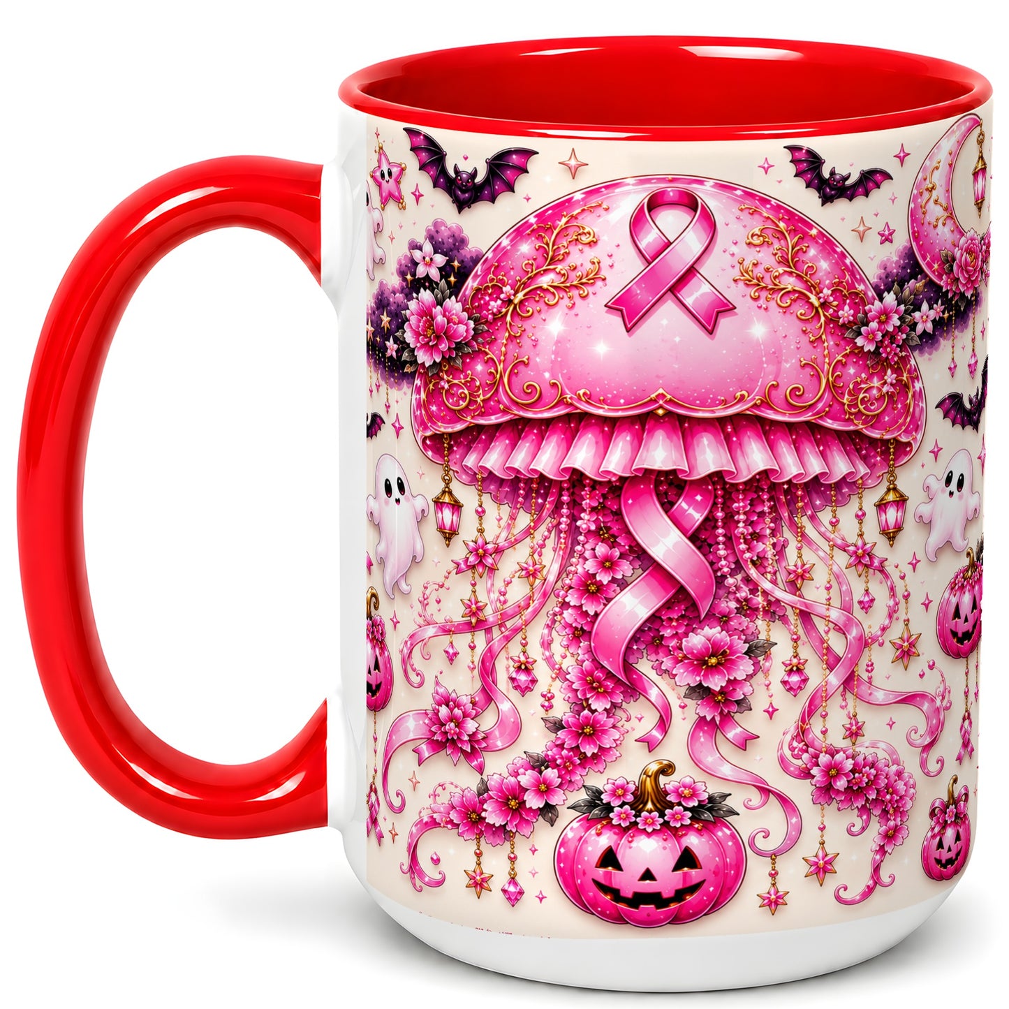#pl[15oz|Red] Pink Ribbon Jellyfish Coffee Mug, Halloween Mug, Ceramic Cup