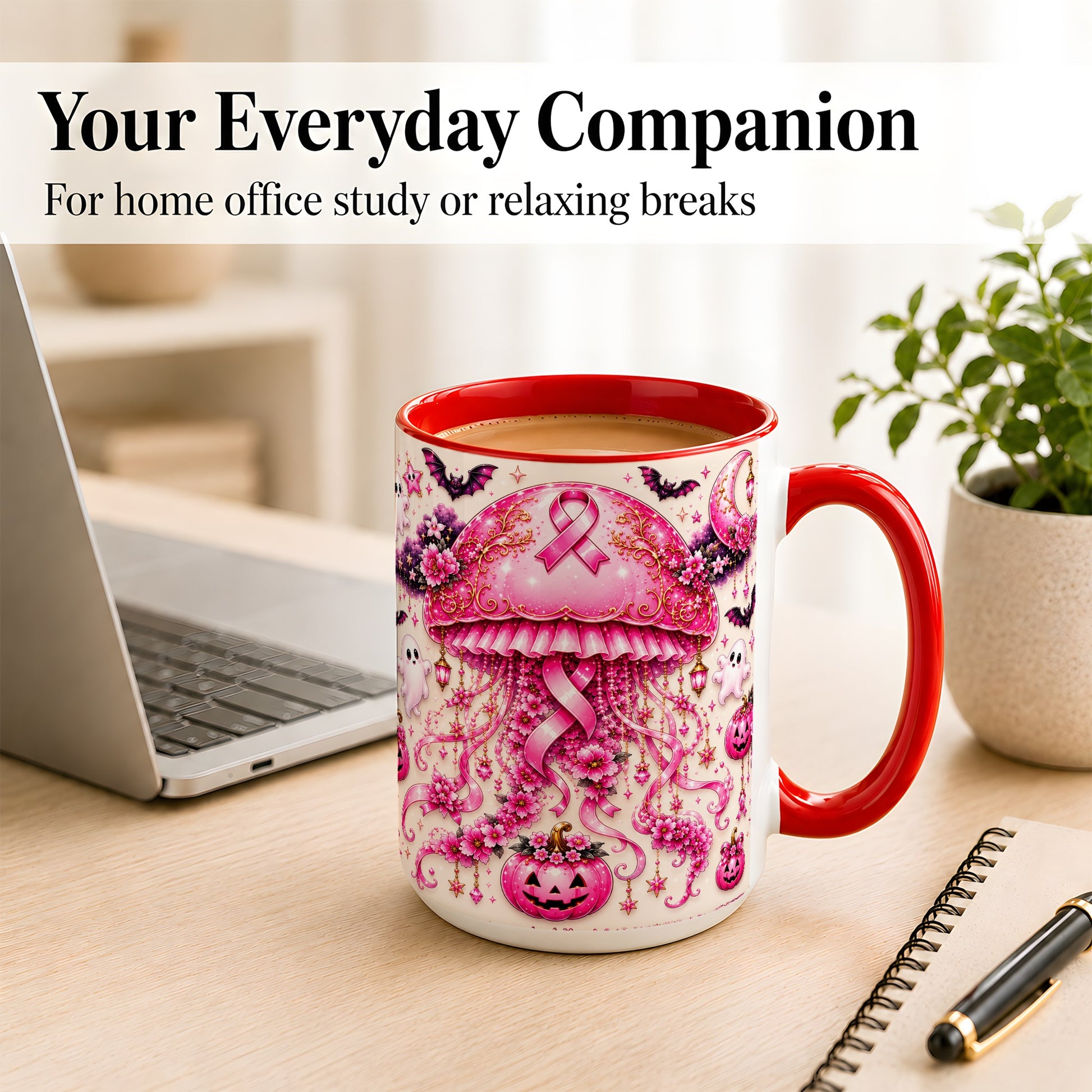 #pl[15oz|Red] Pink Ribbon Jellyfish Coffee Mug, Halloween Mug, Ceramic Cup