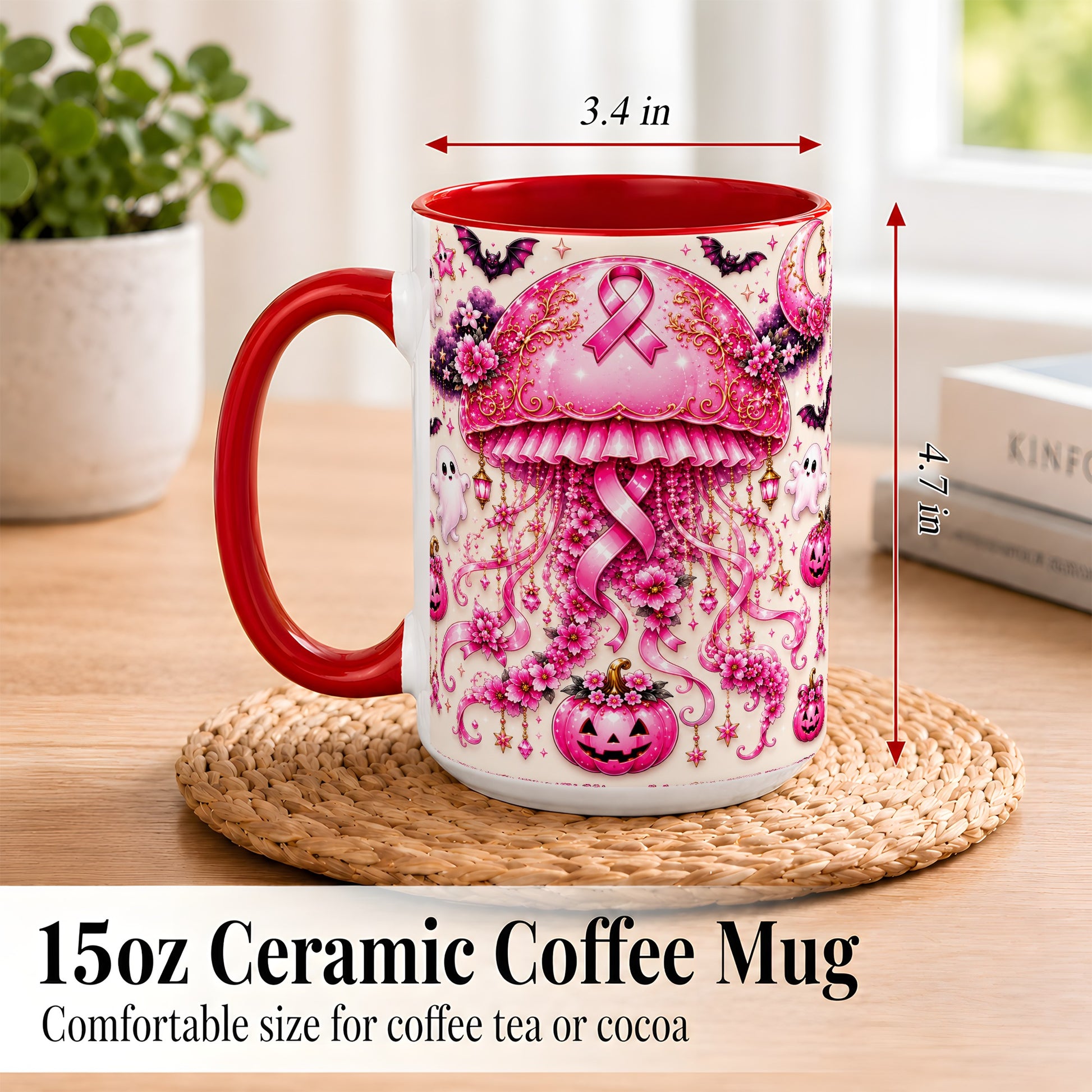 #pl[15oz|Red] Pink Ribbon Jellyfish Coffee Mug, Halloween Mug, Ceramic Cup