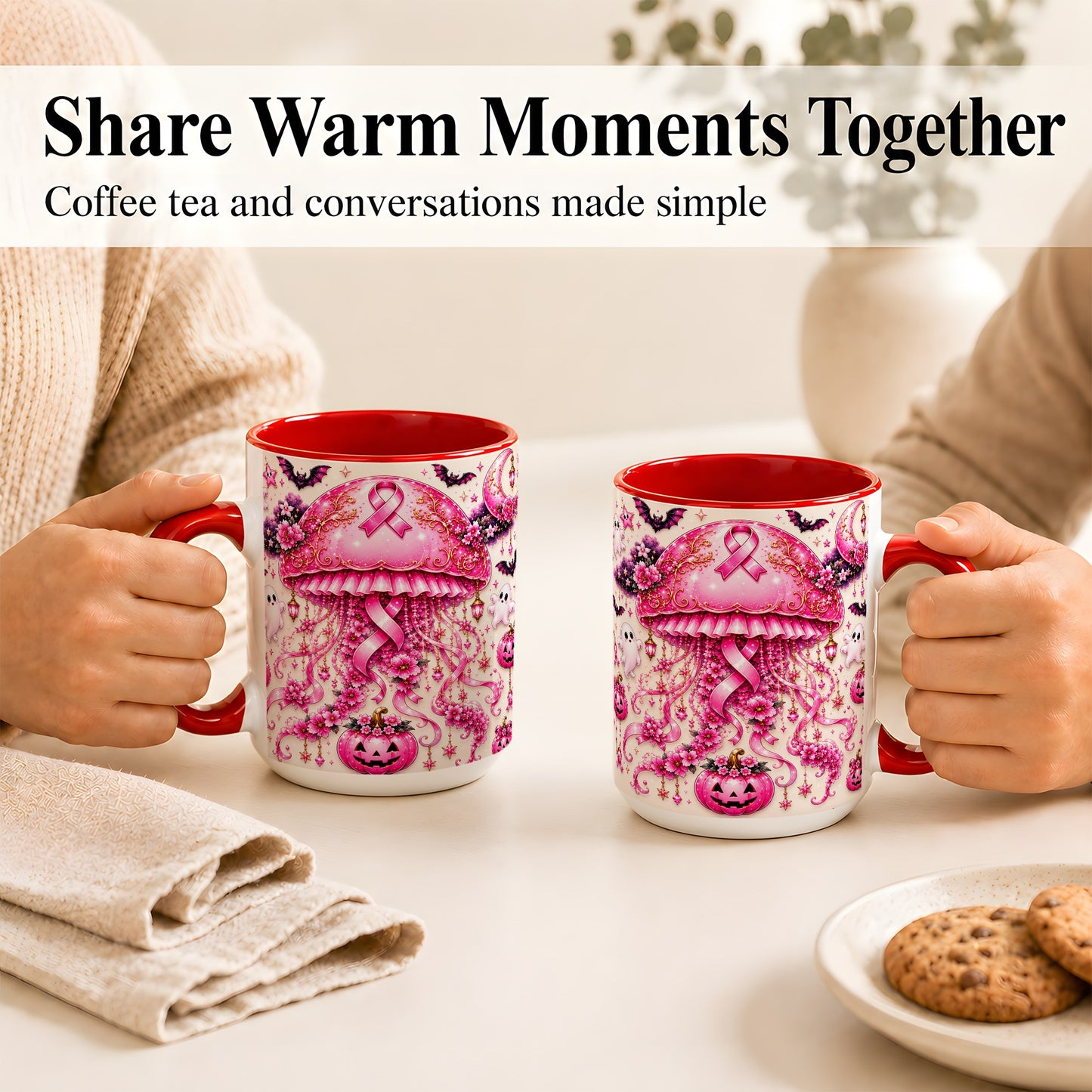 #pl[15oz|Red] Pink Ribbon Jellyfish Coffee Mug, Halloween Mug, Ceramic Cup