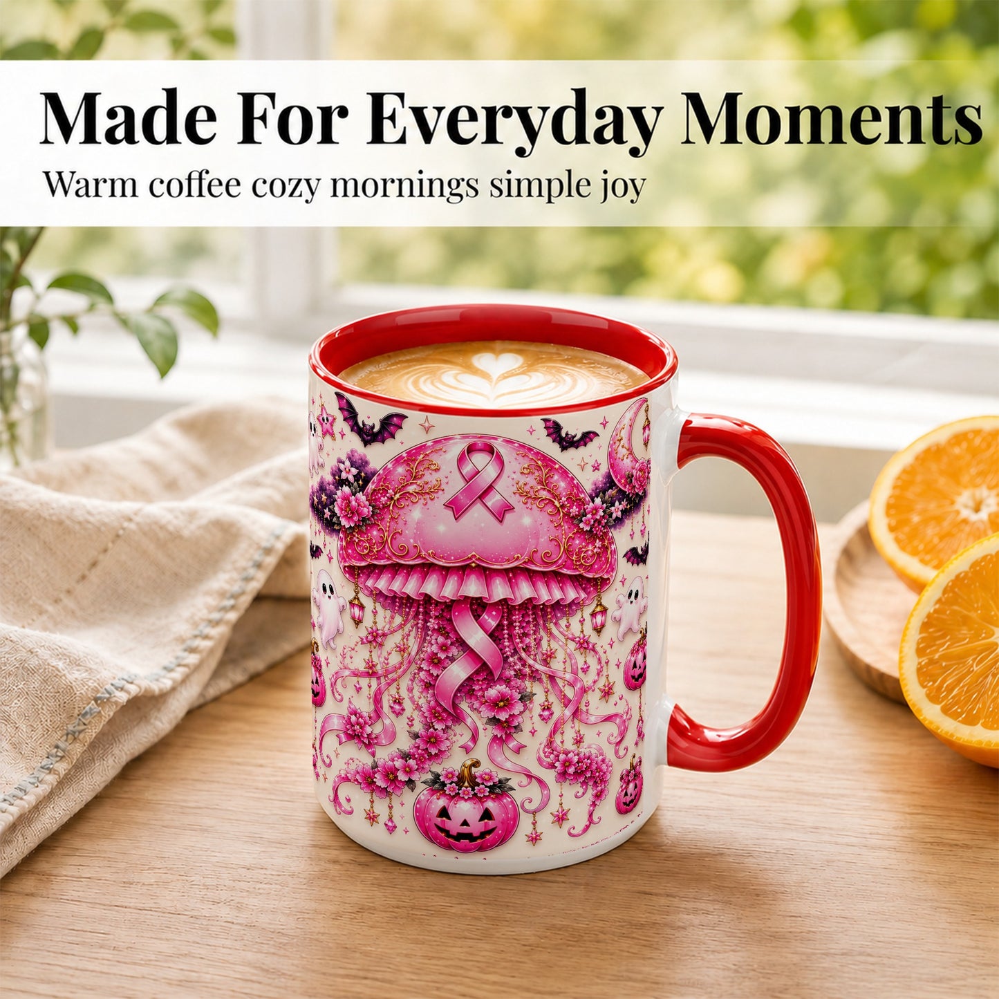 #pl[15oz|Red] Pink Ribbon Jellyfish Coffee Mug, Halloween Mug, Ceramic Cup