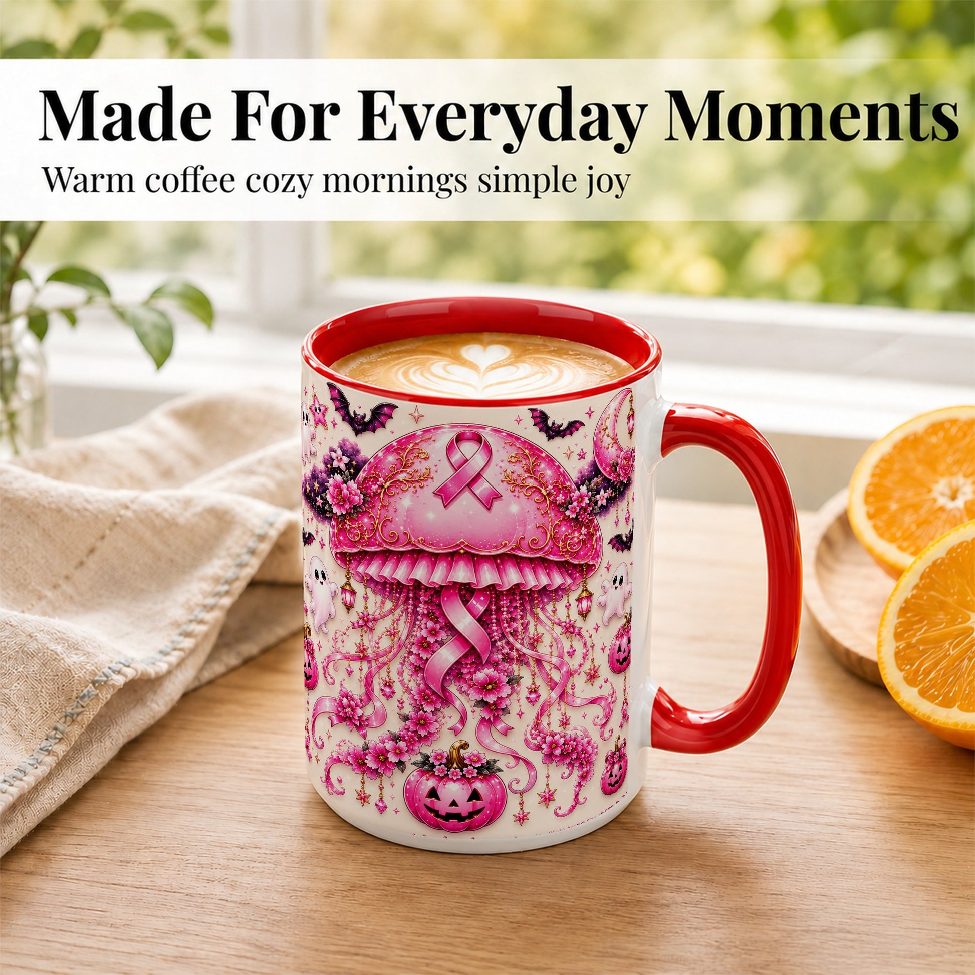 #pl[15oz|Red] Pink Ribbon Jellyfish Coffee Mug, Halloween Mug, Ceramic Cup