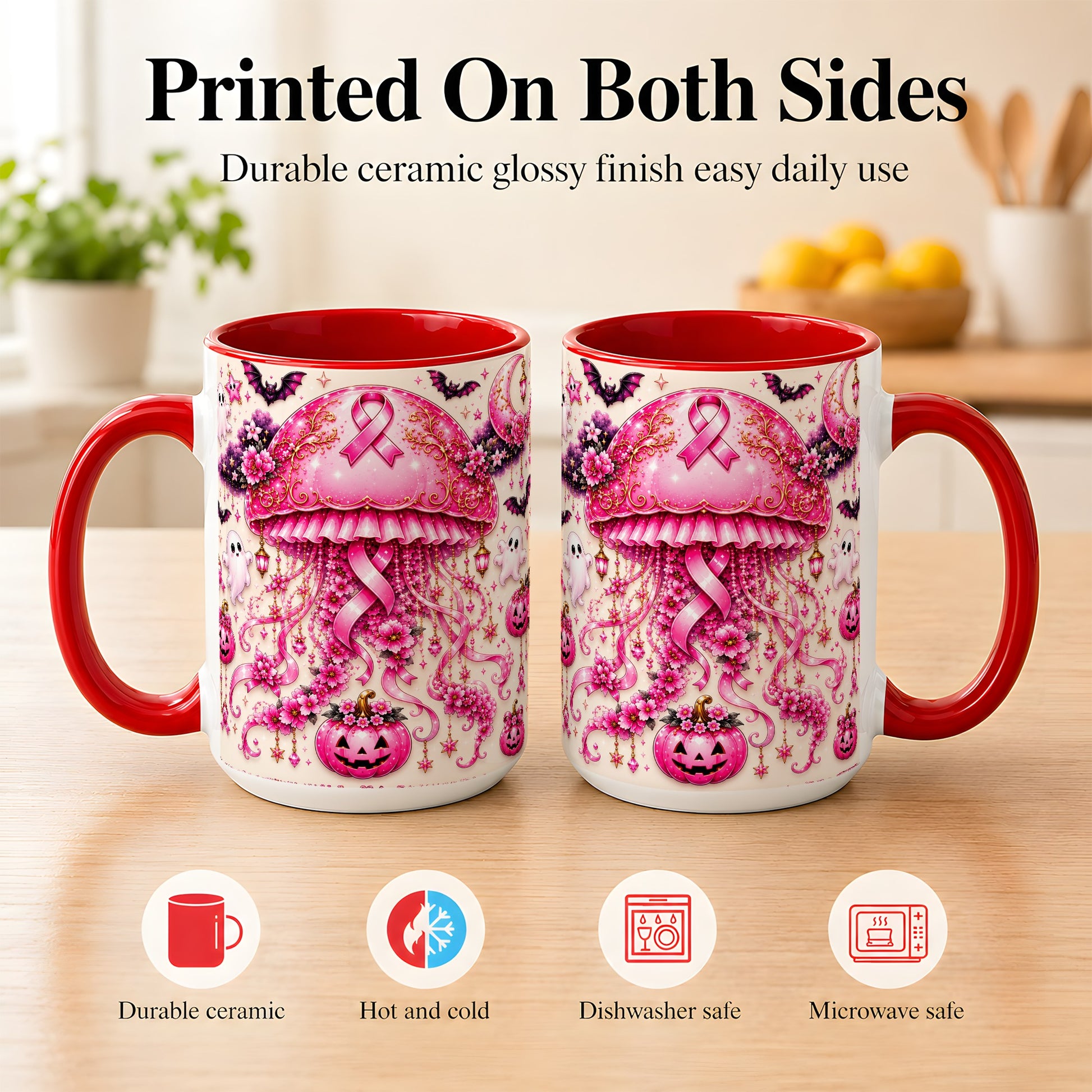 #pl[15oz|Red] Pink Ribbon Jellyfish Coffee Mug, Halloween Mug, Ceramic Cup