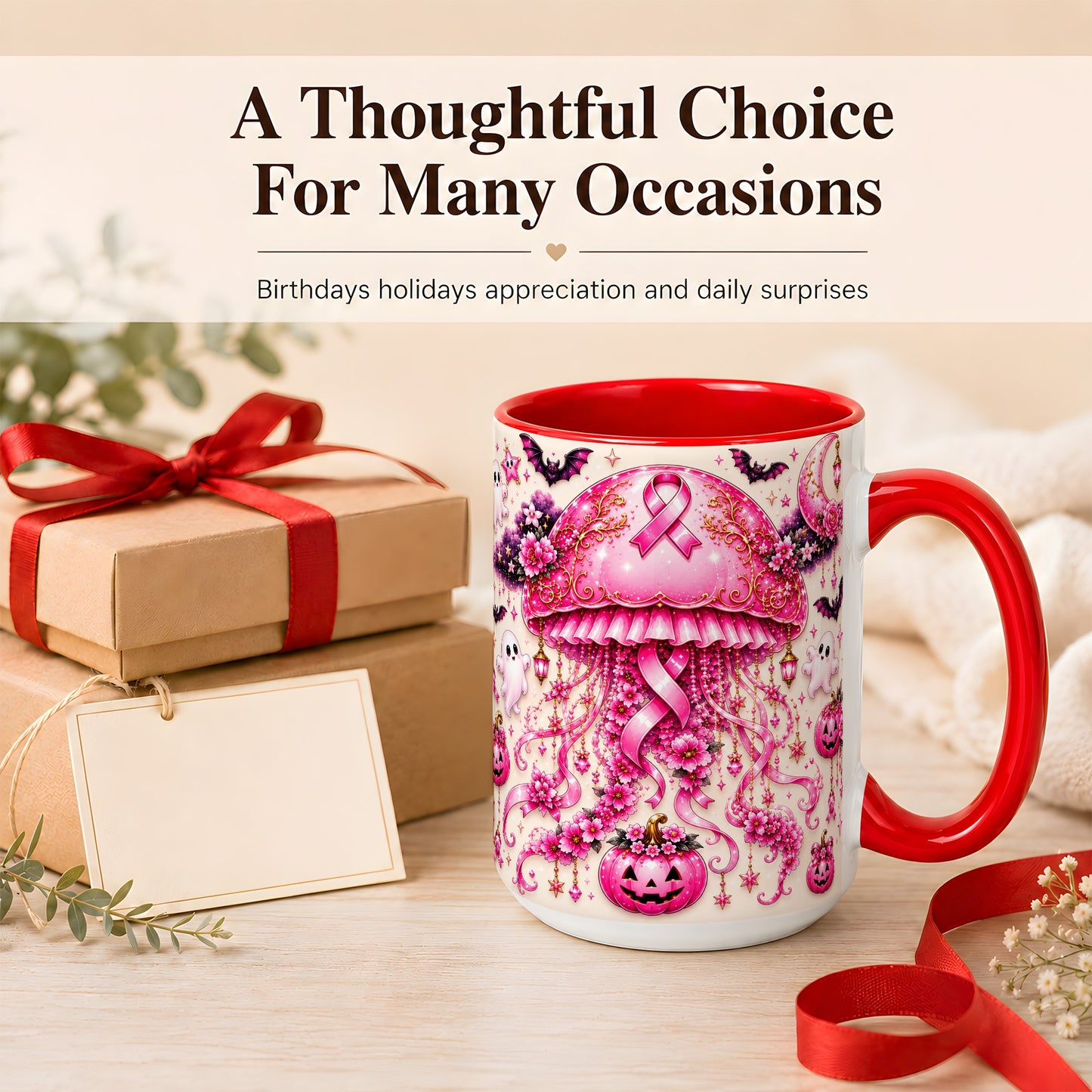 #pl[15oz|Red] Pink Ribbon Jellyfish Coffee Mug, Halloween Mug, Ceramic Cup