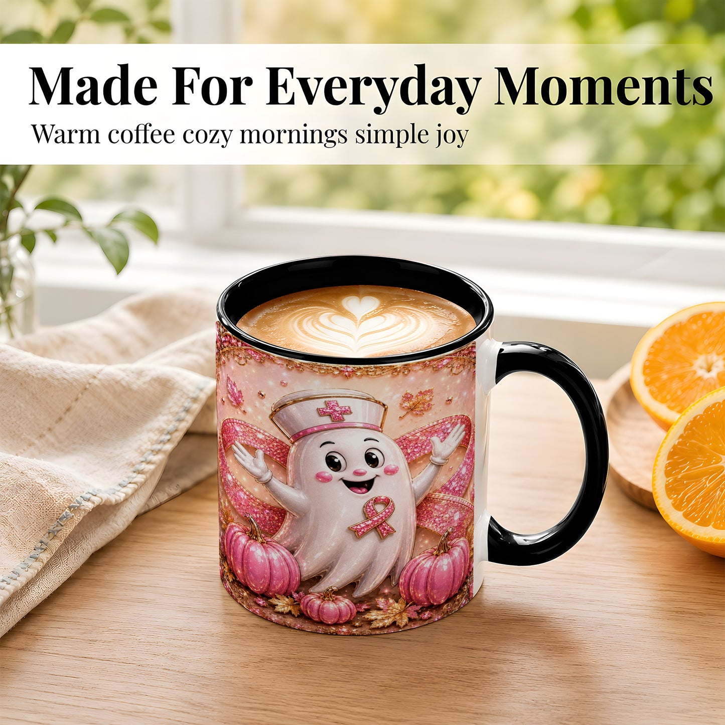#pl[11oz|Black] Pink Ribbon Nurse Ghost Coffee Mug, Halloween Mug, Ceramic Cup