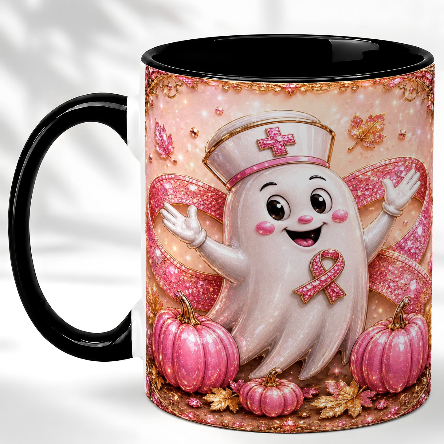 #pl[11oz|Black] Pink Ribbon Nurse Ghost Coffee Mug, Halloween Mug, Ceramic Cup