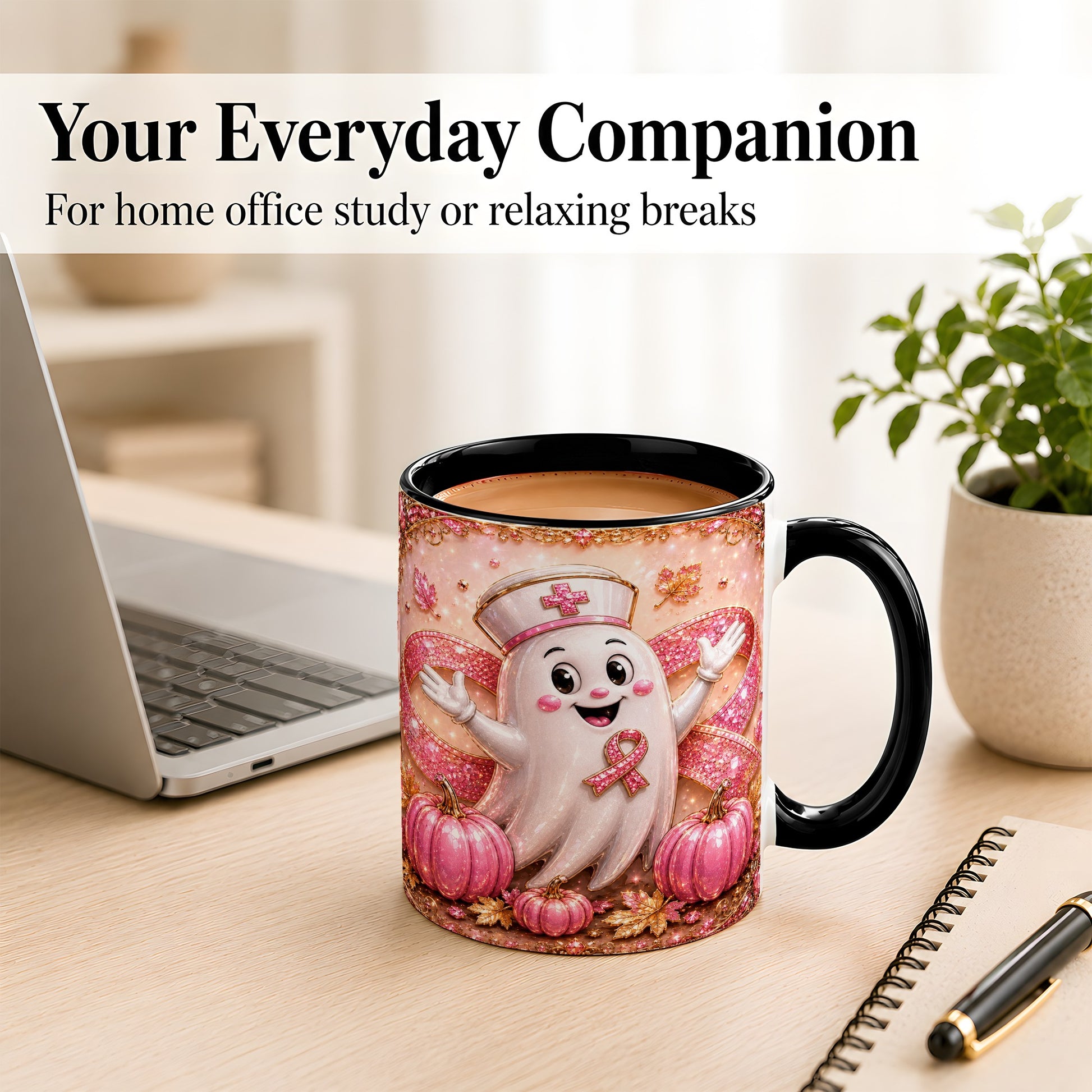 #pl[11oz|Black] Pink Ribbon Nurse Ghost Coffee Mug, Halloween Mug, Ceramic Cup