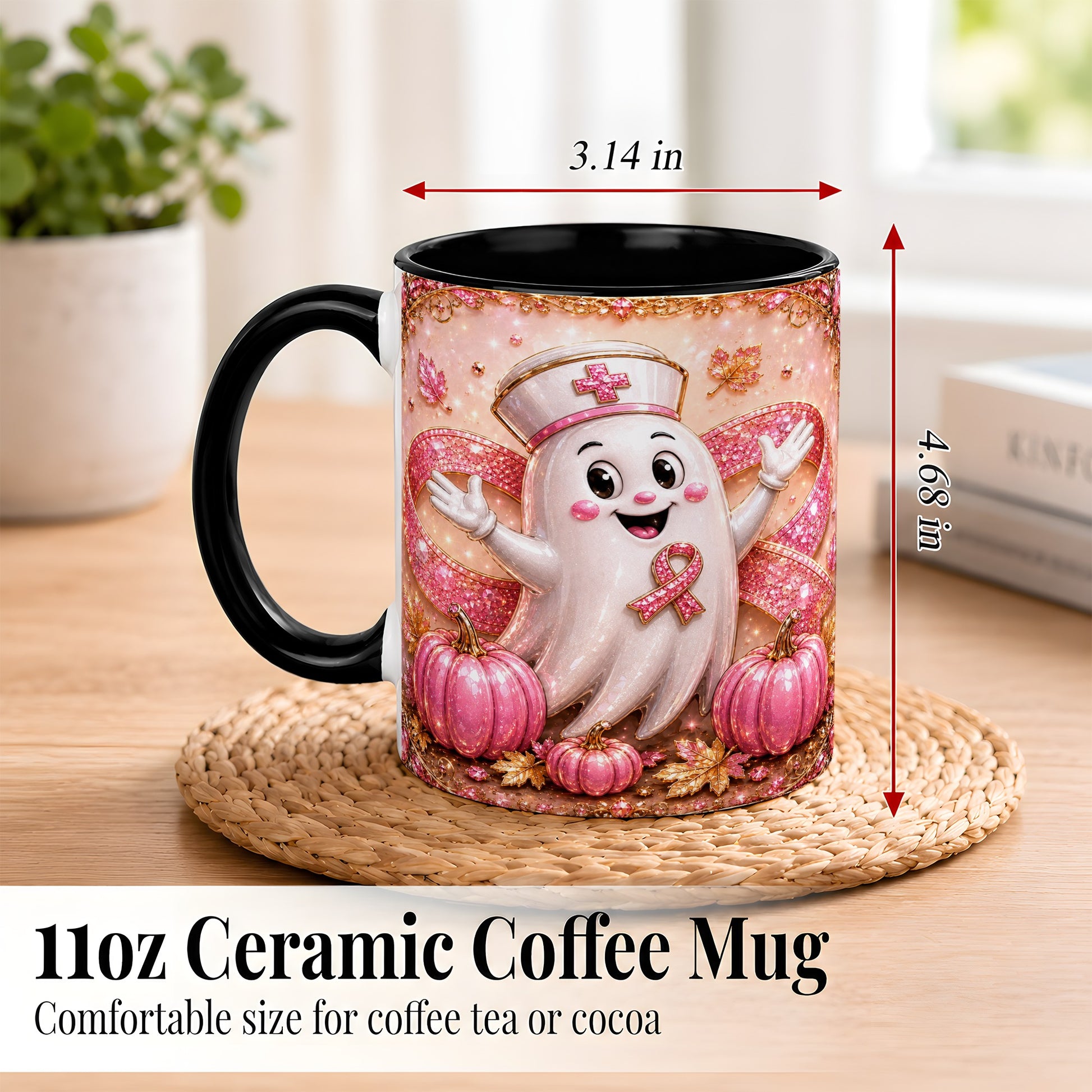 #pl[11oz|Black] Pink Ribbon Nurse Ghost Coffee Mug, Halloween Mug, Ceramic Cup