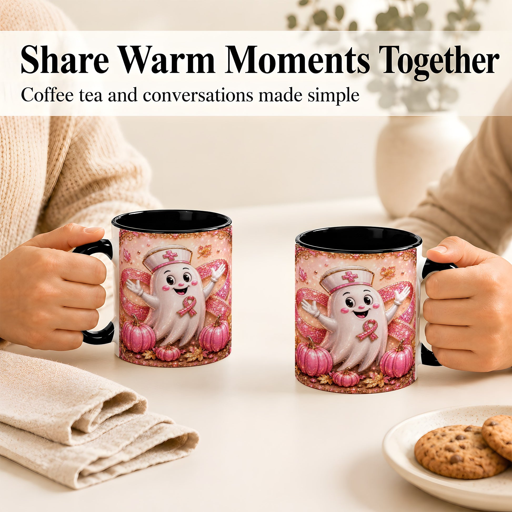 #pl[11oz|Black] Pink Ribbon Nurse Ghost Coffee Mug, Halloween Mug, Ceramic Cup