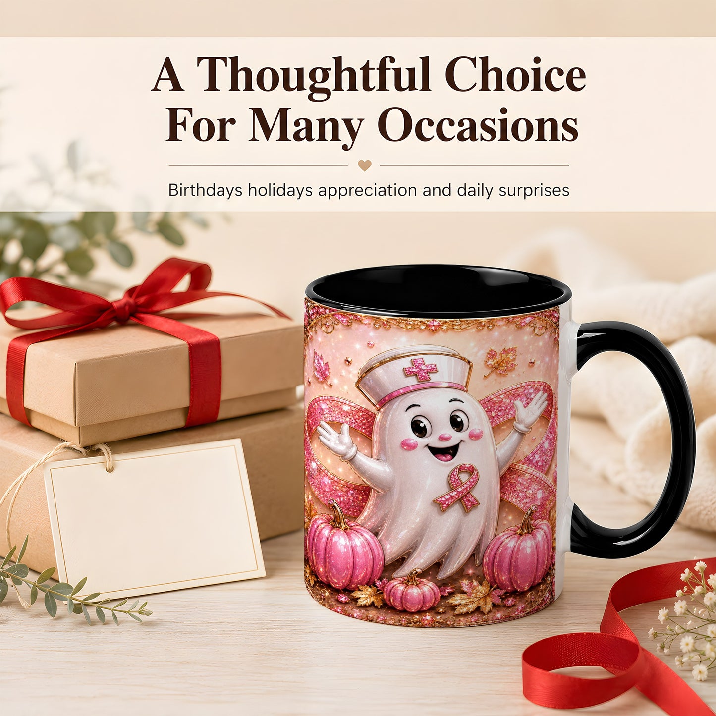 #pl[11oz|Black] Pink Ribbon Nurse Ghost Coffee Mug, Halloween Mug, Ceramic Cup