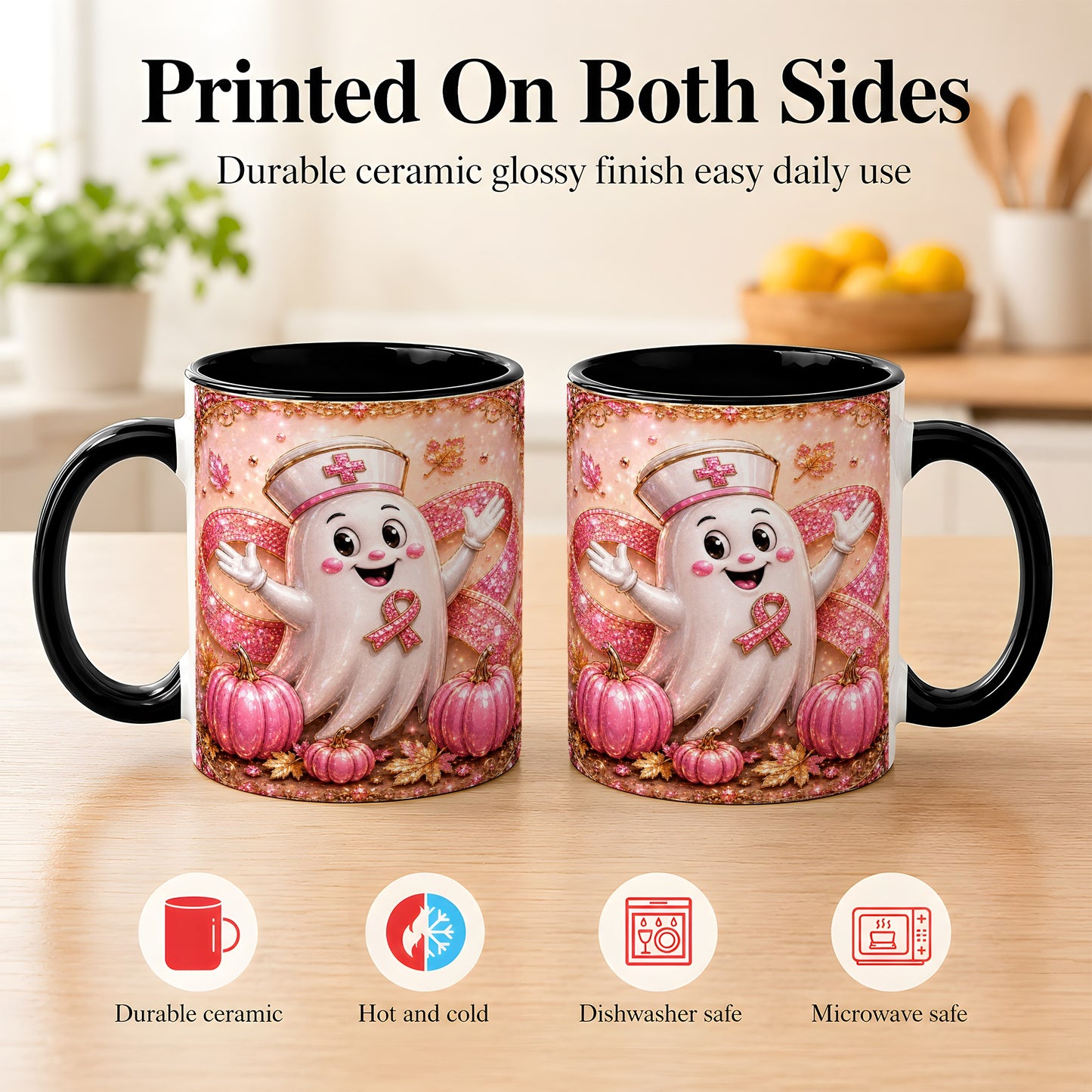 #pl[11oz|Black] Pink Ribbon Nurse Ghost Coffee Mug, Halloween Mug, Ceramic Cup