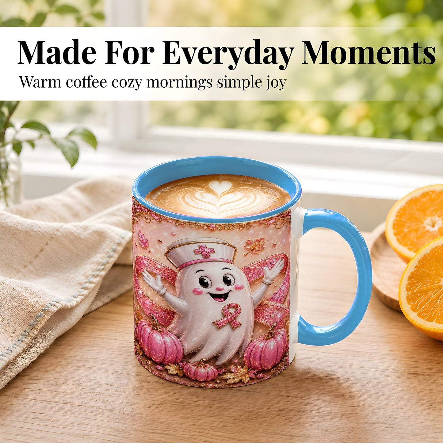 #pl[11oz|Blue] Pink Ribbon Nurse Ghost Coffee Mug, Halloween Mug, Ceramic Cup