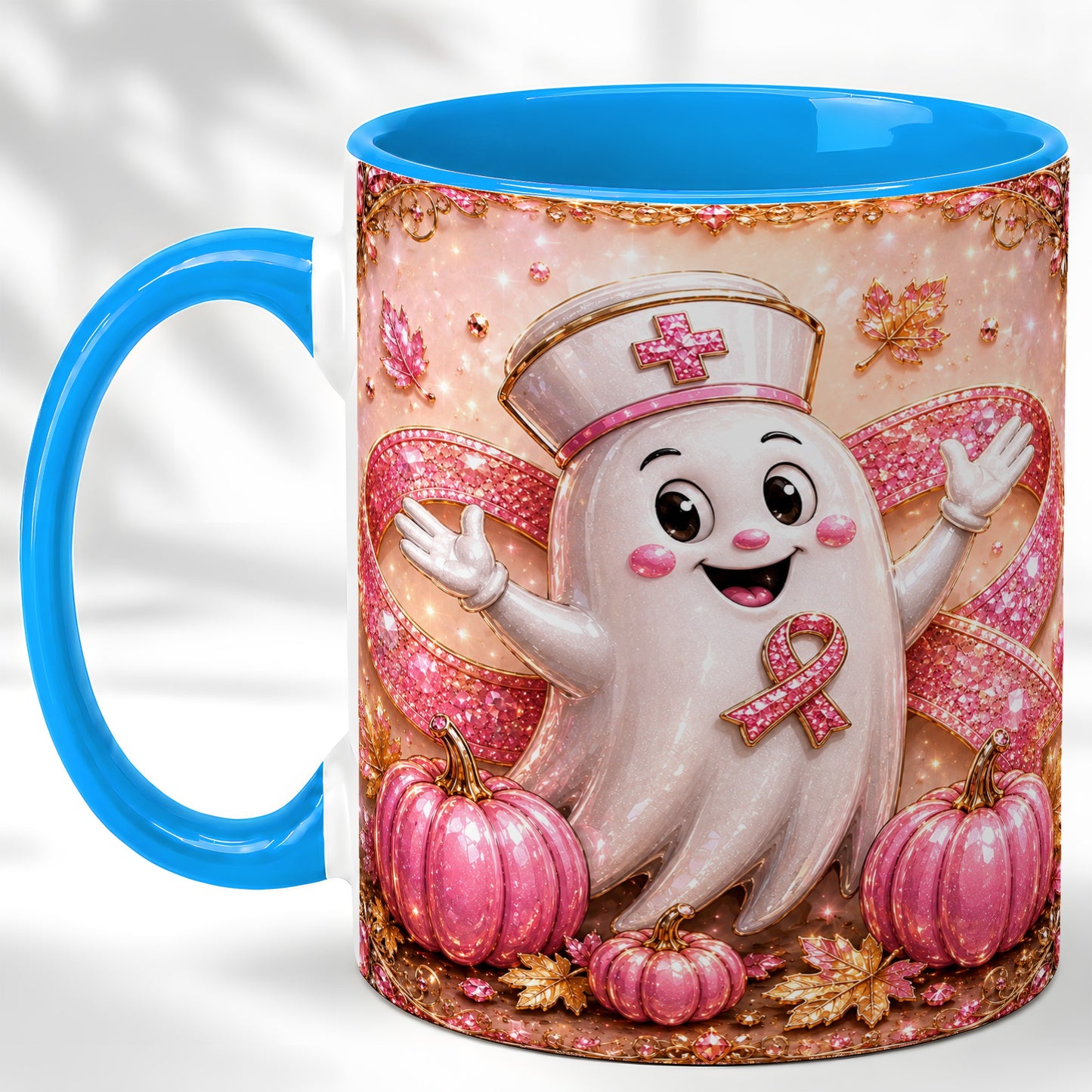 #pl[11oz|Blue] Pink Ribbon Nurse Ghost Coffee Mug, Halloween Mug, Ceramic Cup