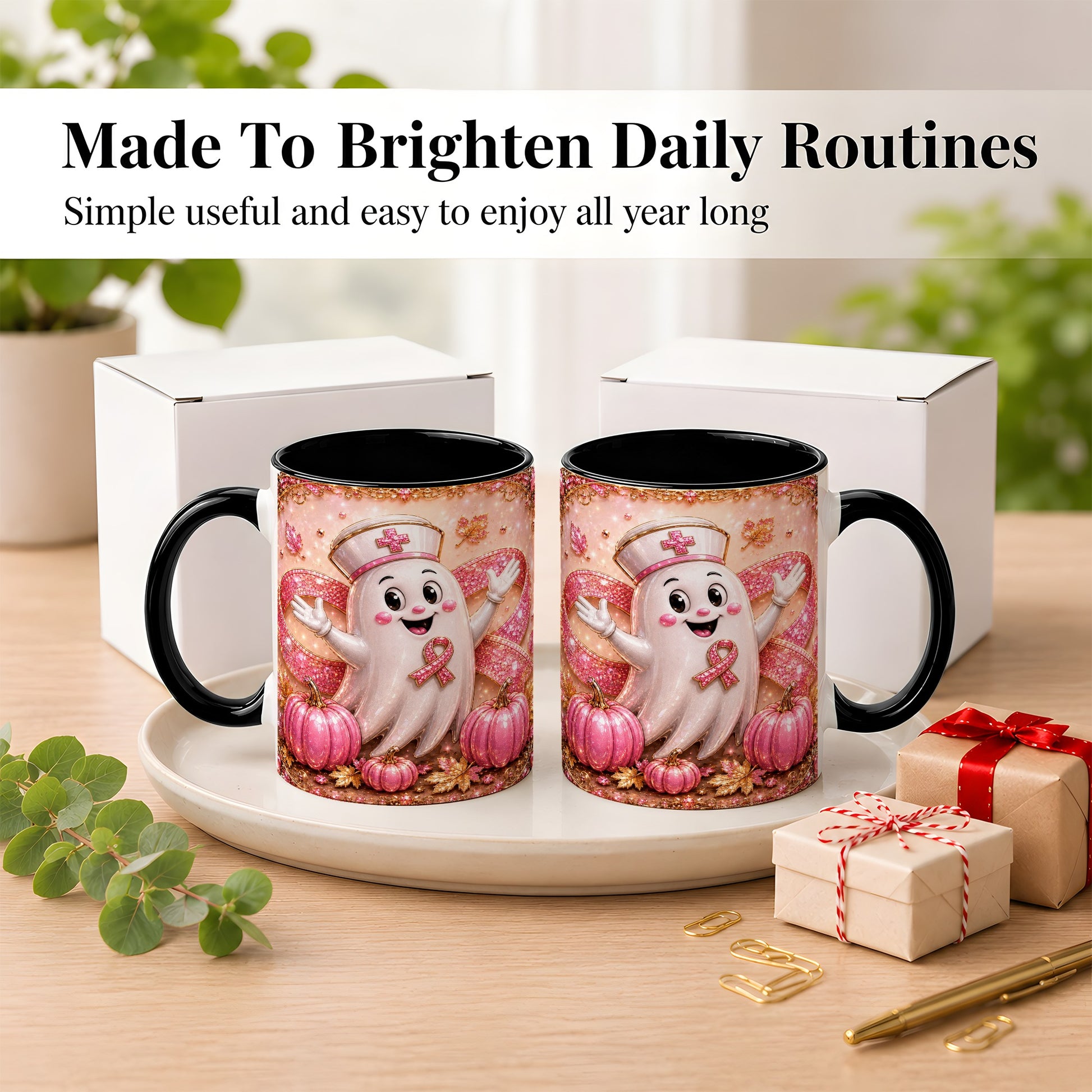#pl[11oz|Black] Pink Ribbon Nurse Ghost Coffee Mug, Halloween Mug, Ceramic Cup