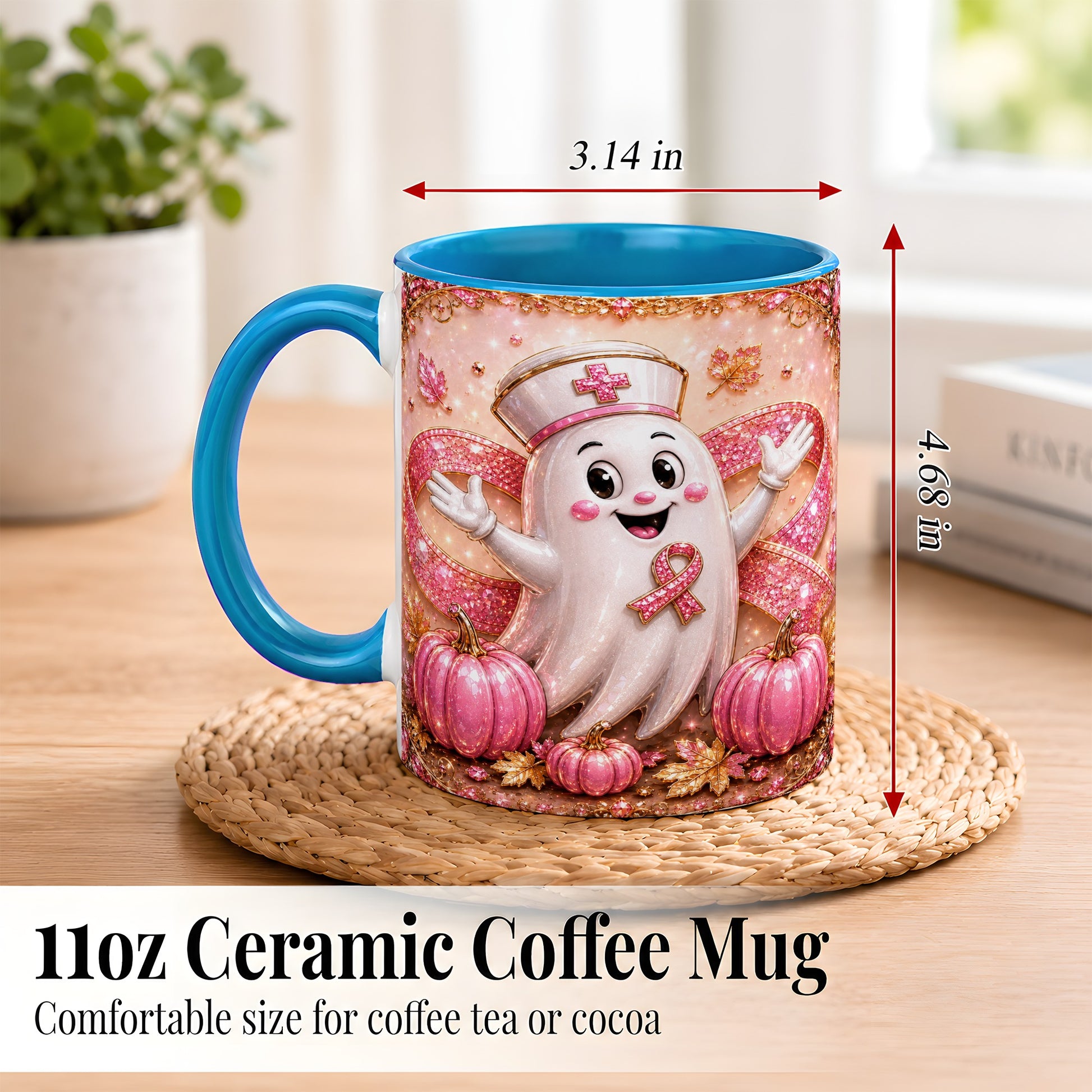 #pl[11oz|Blue] Pink Ribbon Nurse Ghost Coffee Mug, Halloween Mug, Ceramic Cup