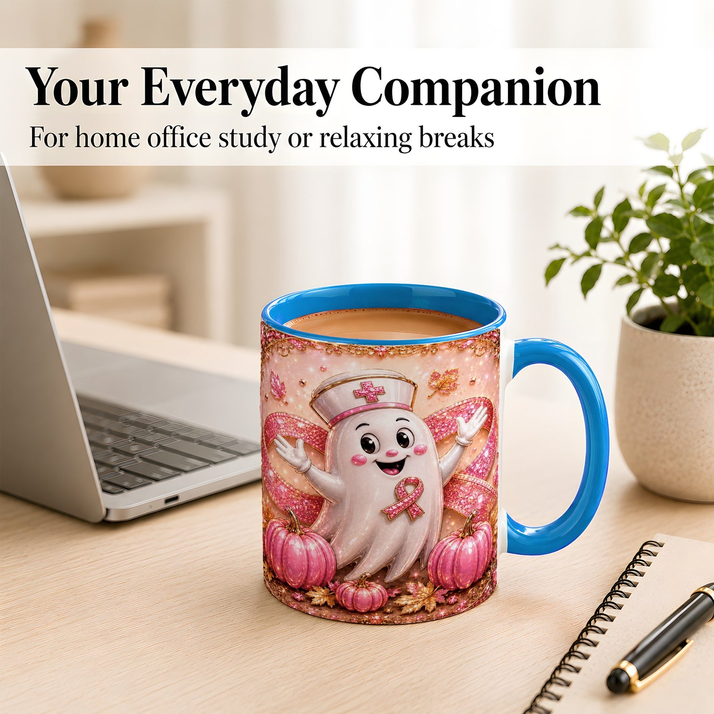 #pl[11oz|Blue] Pink Ribbon Nurse Ghost Coffee Mug, Halloween Mug, Ceramic Cup