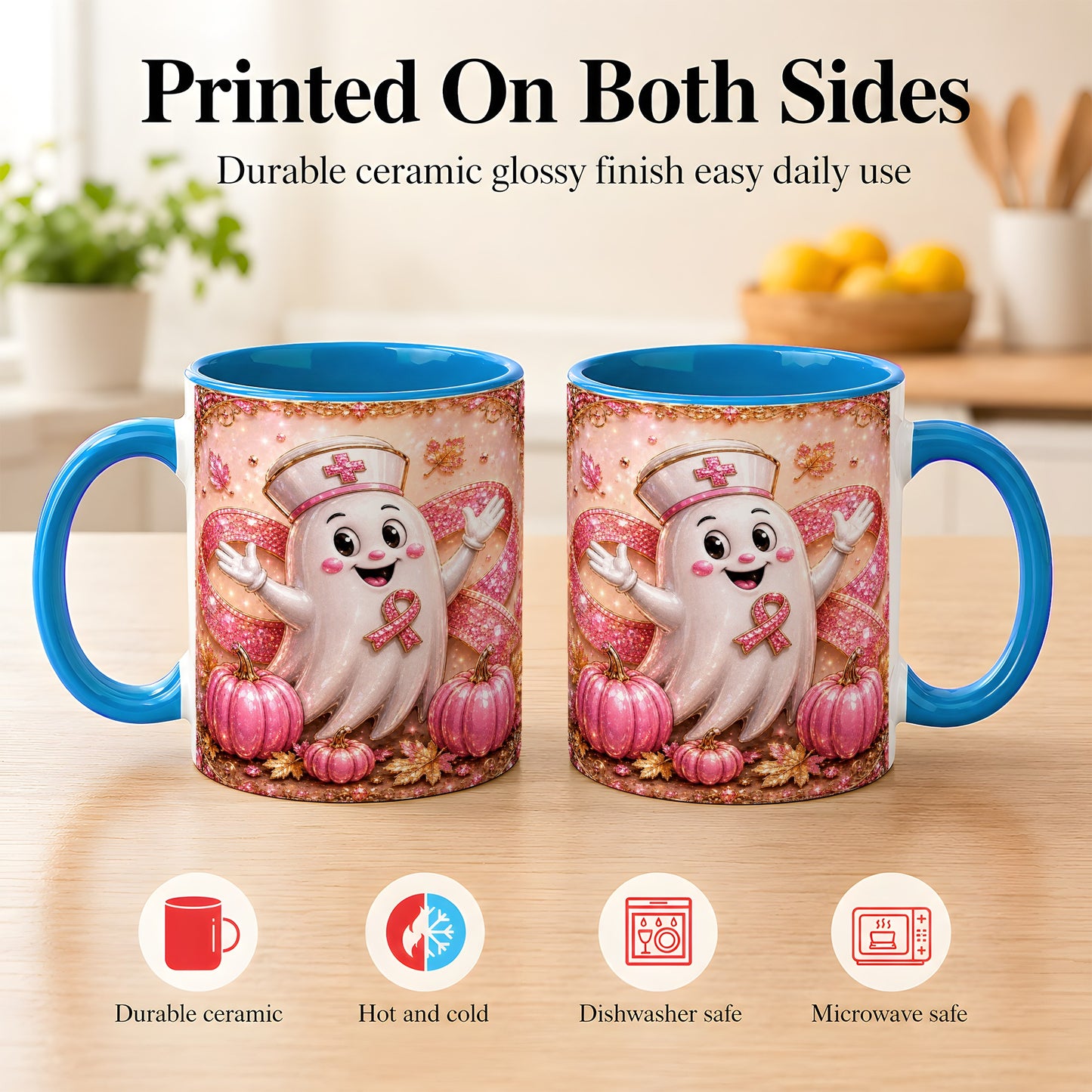 #pl[11oz|Blue] Pink Ribbon Nurse Ghost Coffee Mug, Halloween Mug, Ceramic Cup