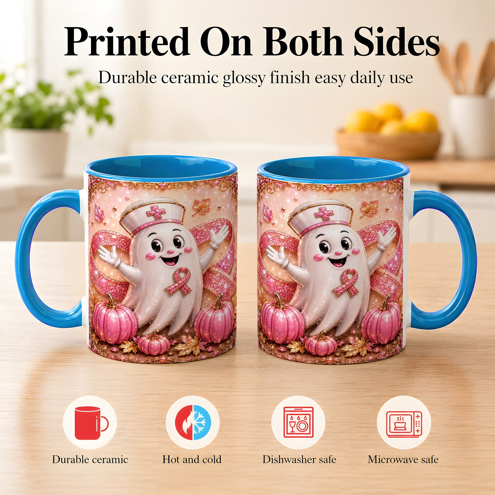 #pl[11oz|Blue] Pink Ribbon Nurse Ghost Coffee Mug, Halloween Mug, Ceramic Cup