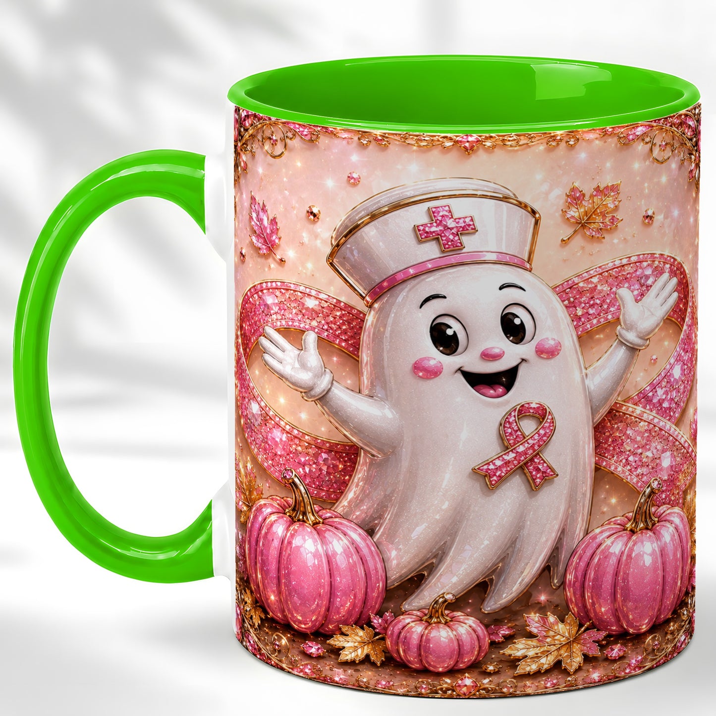 #pl[11oz|Green] Pink Ribbon Nurse Ghost Coffee Mug, Halloween Mug, Ceramic Cup