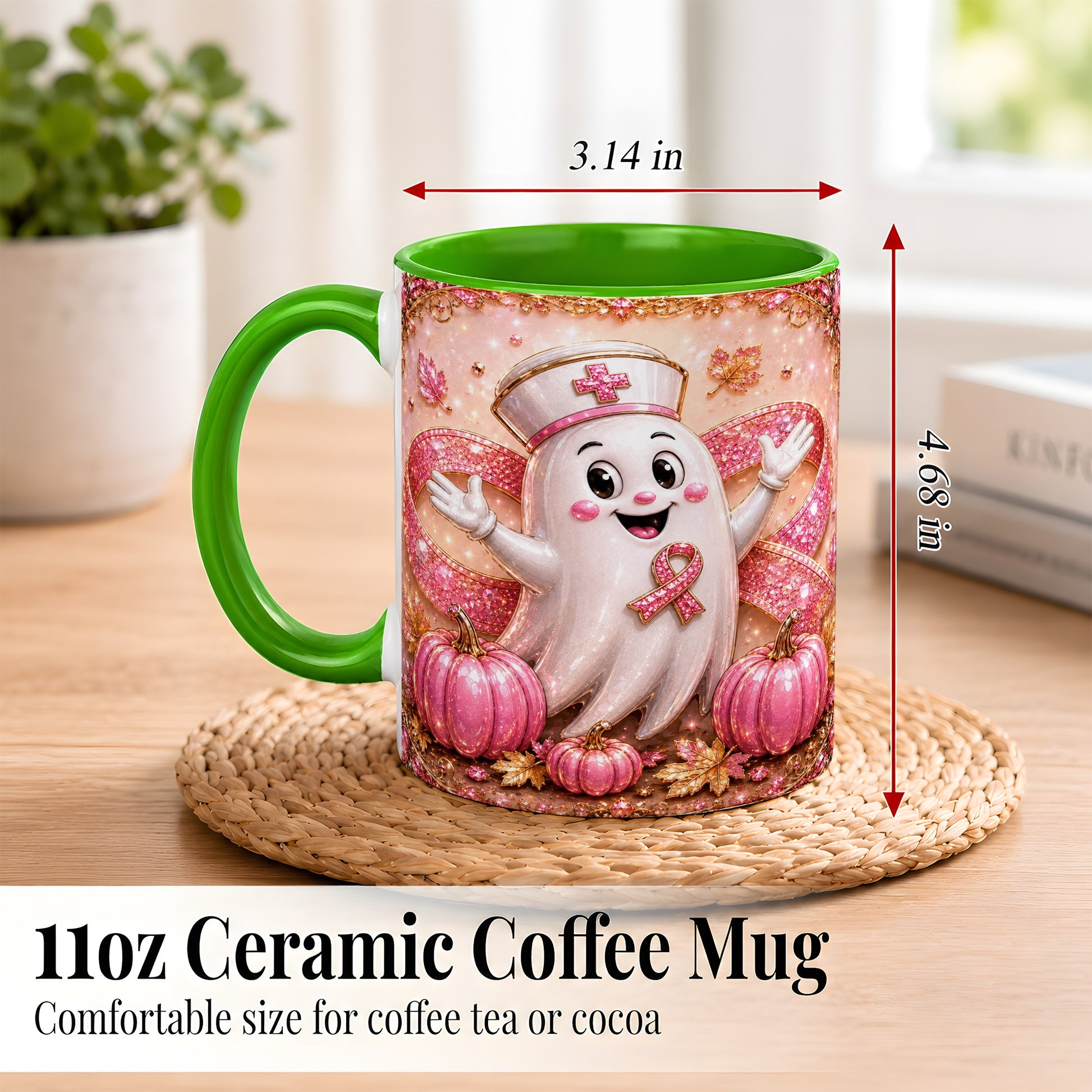 #pl[11oz|Green] Pink Ribbon Nurse Ghost Coffee Mug, Halloween Mug, Ceramic Cup