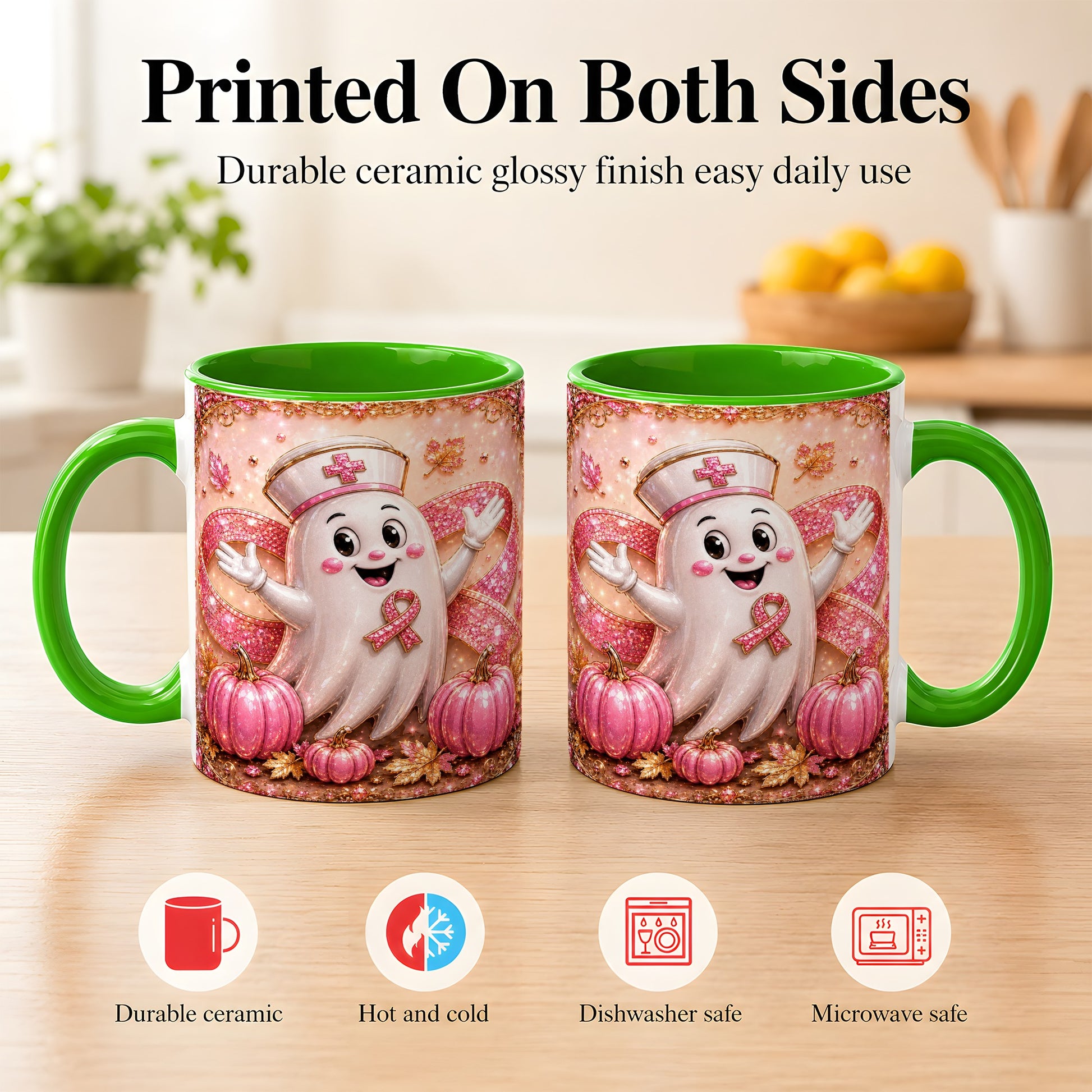 #pl[11oz|Green] Pink Ribbon Nurse Ghost Coffee Mug, Halloween Mug, Ceramic Cup