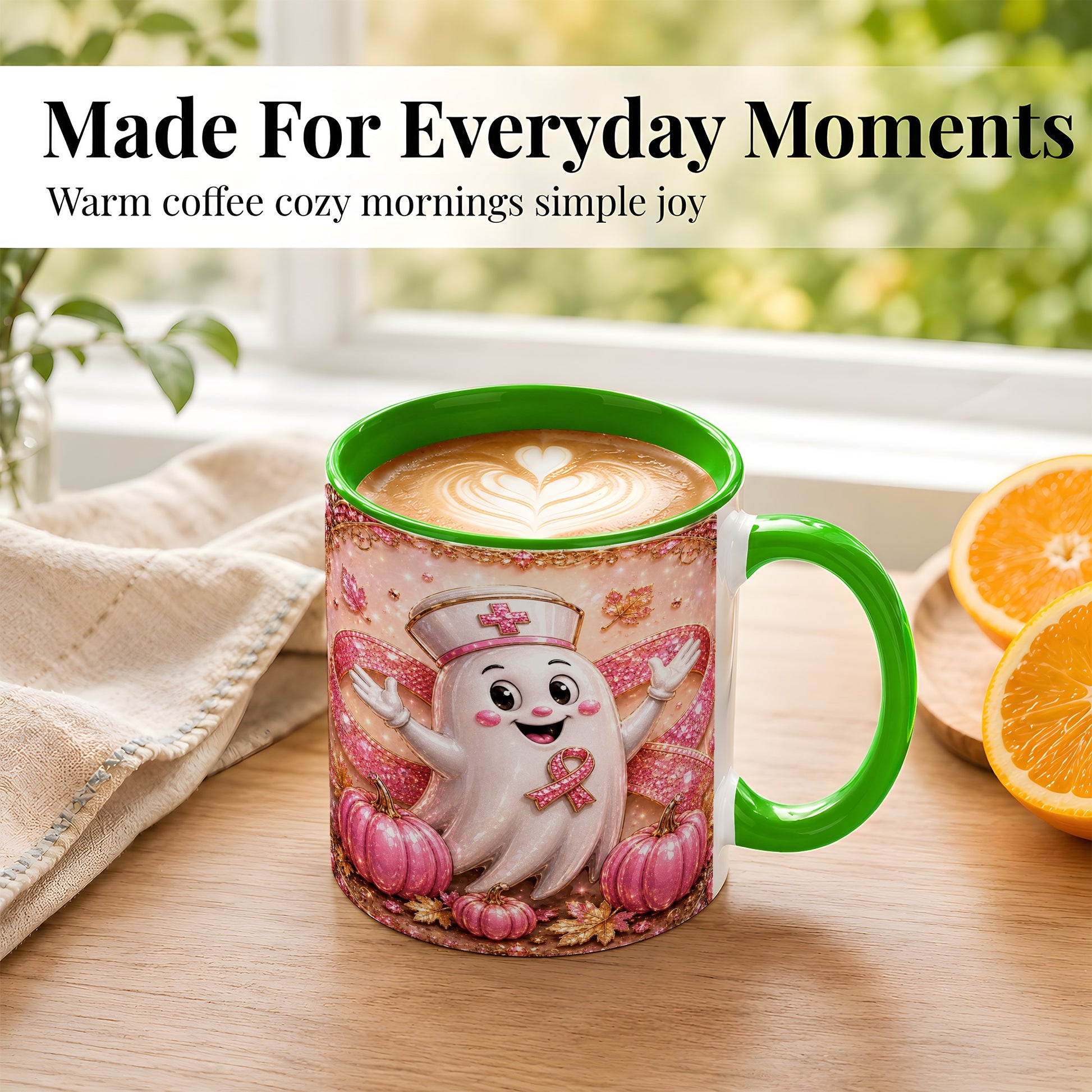 #pl[11oz|Green] Pink Ribbon Nurse Ghost Coffee Mug, Halloween Mug, Ceramic Cup