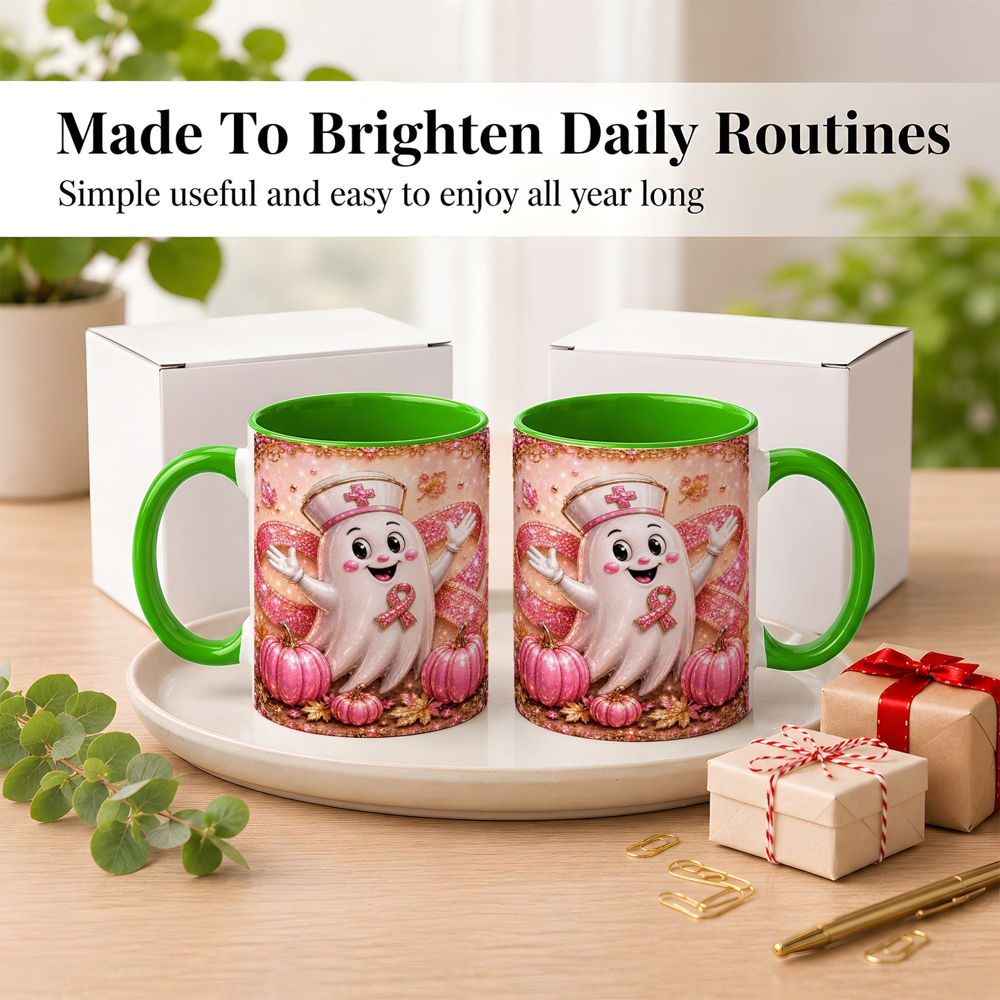 #pl[11oz|Green] Pink Ribbon Nurse Ghost Coffee Mug, Halloween Mug, Ceramic Cup