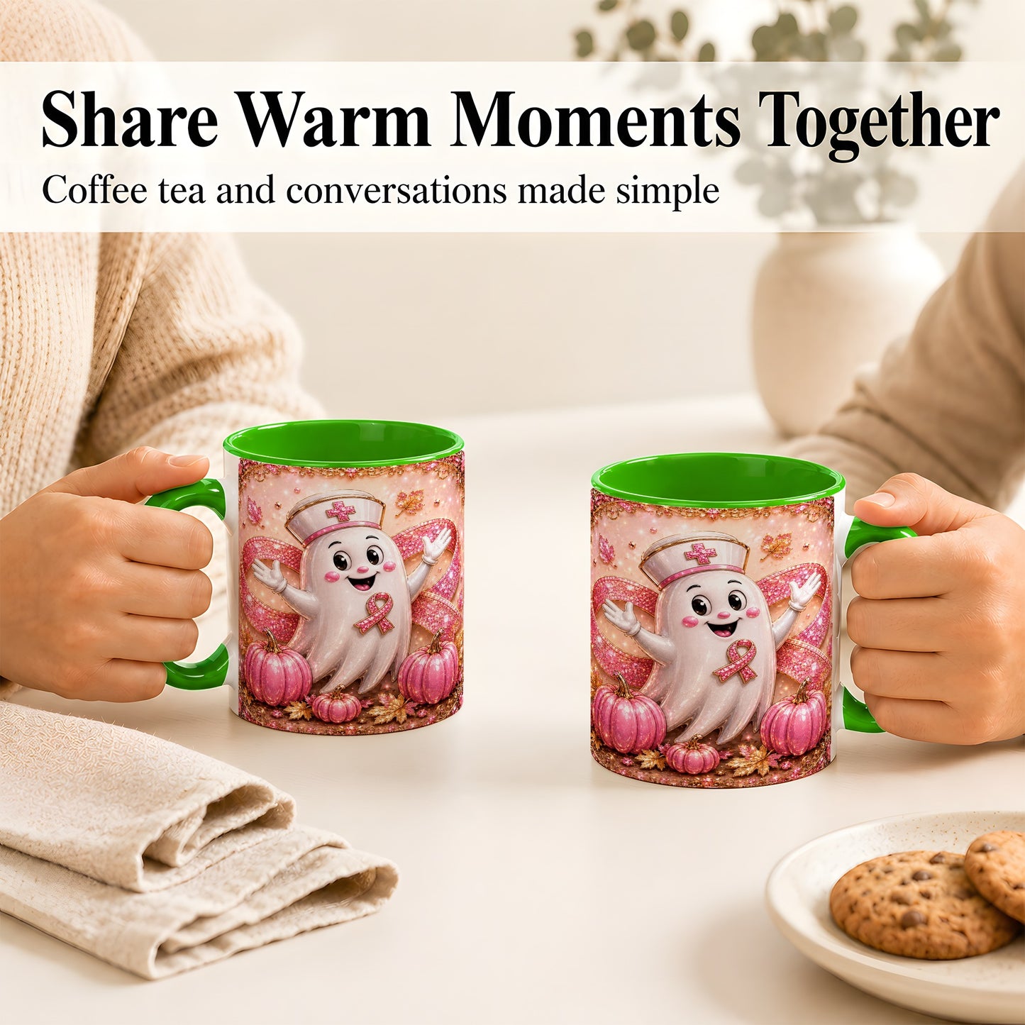 #pl[11oz|Green] Pink Ribbon Nurse Ghost Coffee Mug, Halloween Mug, Ceramic Cup
