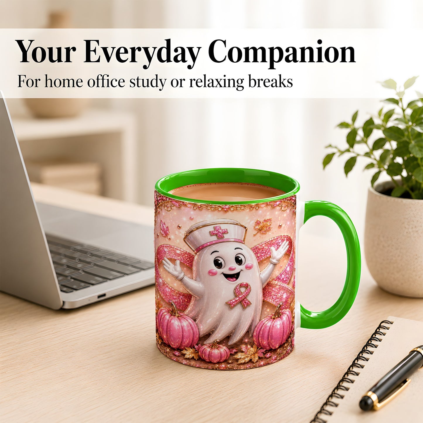 #pl[11oz|Green] Pink Ribbon Nurse Ghost Coffee Mug, Halloween Mug, Ceramic Cup