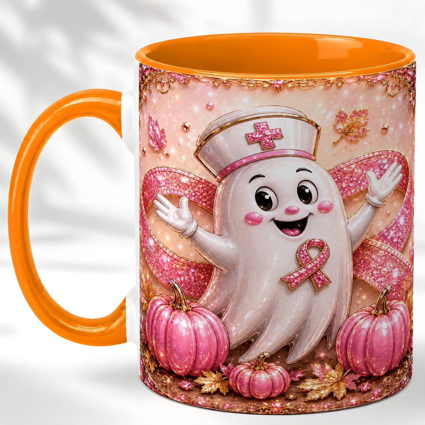 #pl[11oz|Orange] Pink Ribbon Nurse Ghost Coffee Mug, Halloween Mug, Ceramic Cup