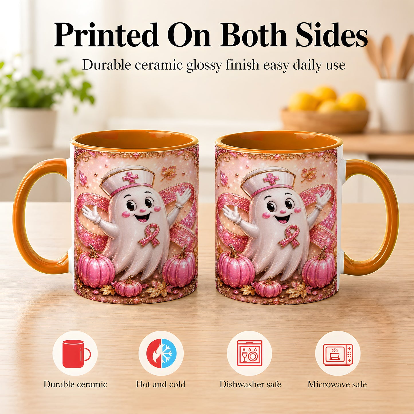 #pl[11oz|Orange] Pink Ribbon Nurse Ghost Coffee Mug, Halloween Mug, Ceramic Cup