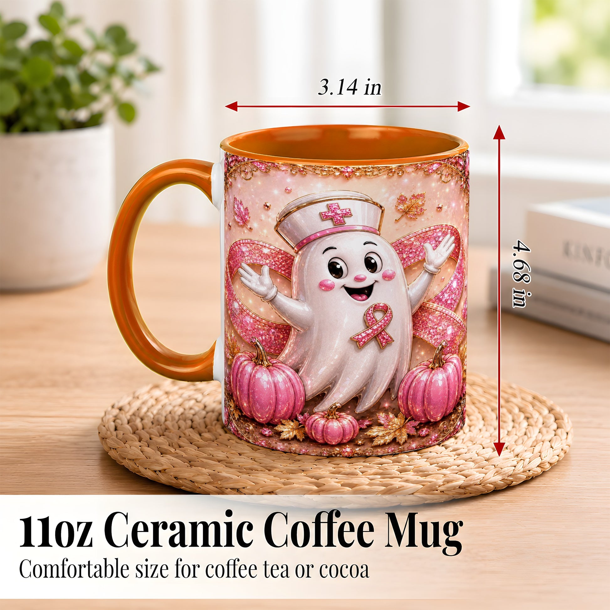 #pl[11oz|Orange] Pink Ribbon Nurse Ghost Coffee Mug, Halloween Mug, Ceramic Cup