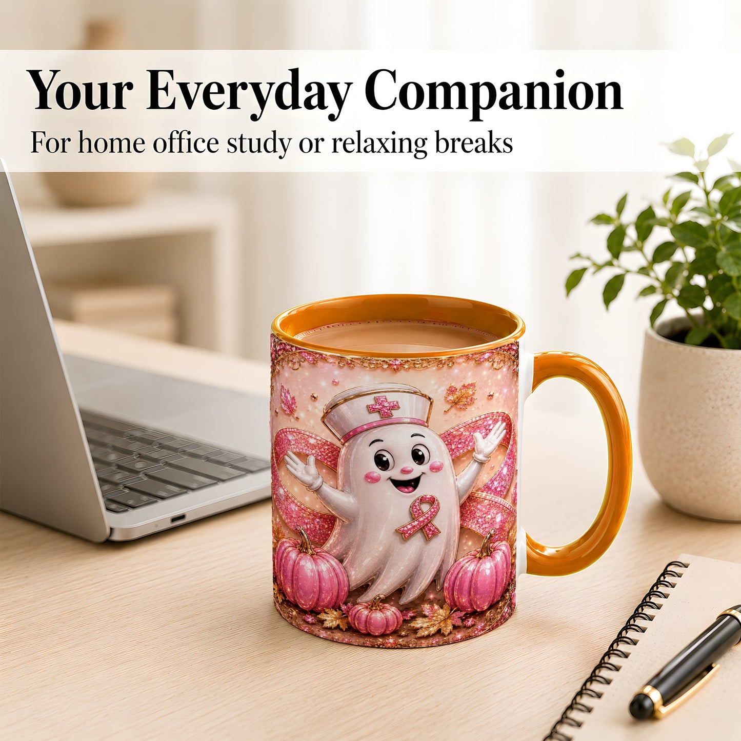 #pl[11oz|Orange] Pink Ribbon Nurse Ghost Coffee Mug, Halloween Mug, Ceramic Cup