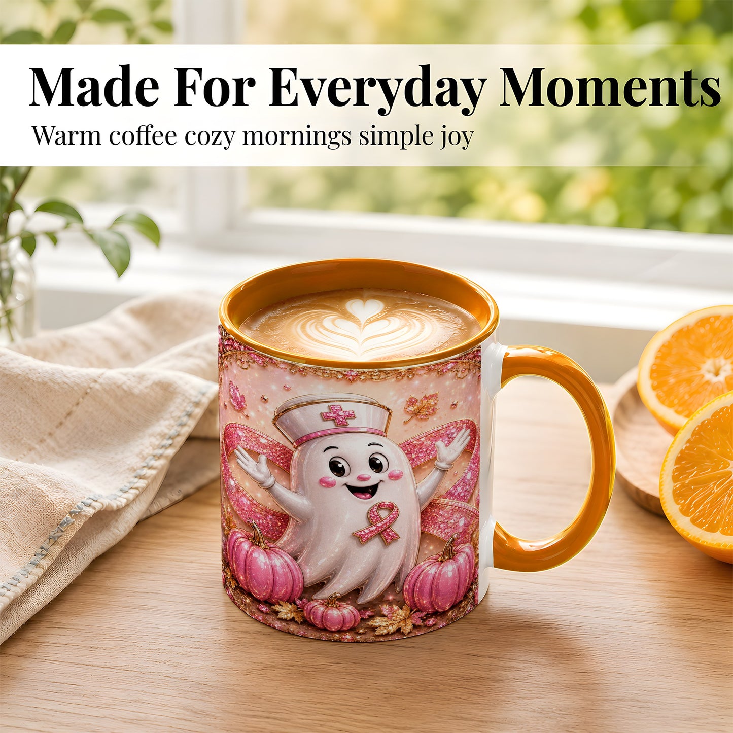#pl[11oz|Orange] Pink Ribbon Nurse Ghost Coffee Mug, Halloween Mug, Ceramic Cup