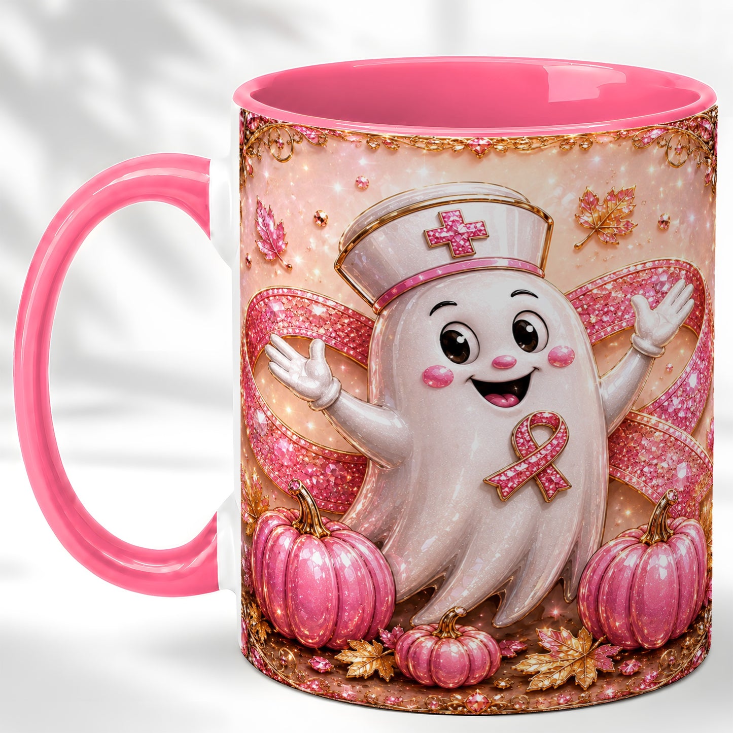 #pl[11oz|Pink] Pink Ribbon Nurse Ghost Coffee Mug, Halloween Mug, Ceramic Cup
