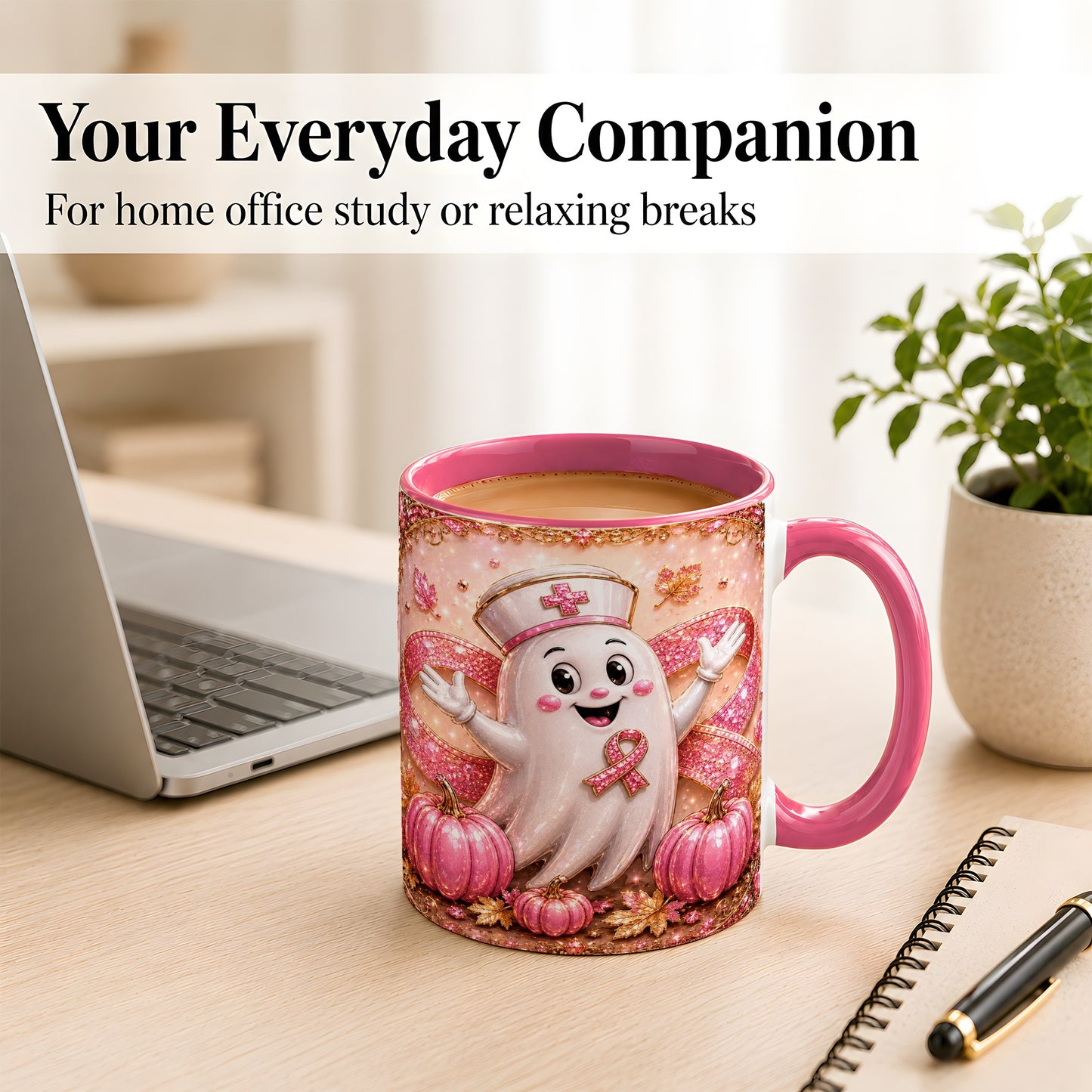 #pl[11oz|Pink] Pink Ribbon Nurse Ghost Coffee Mug, Halloween Mug, Ceramic Cup
