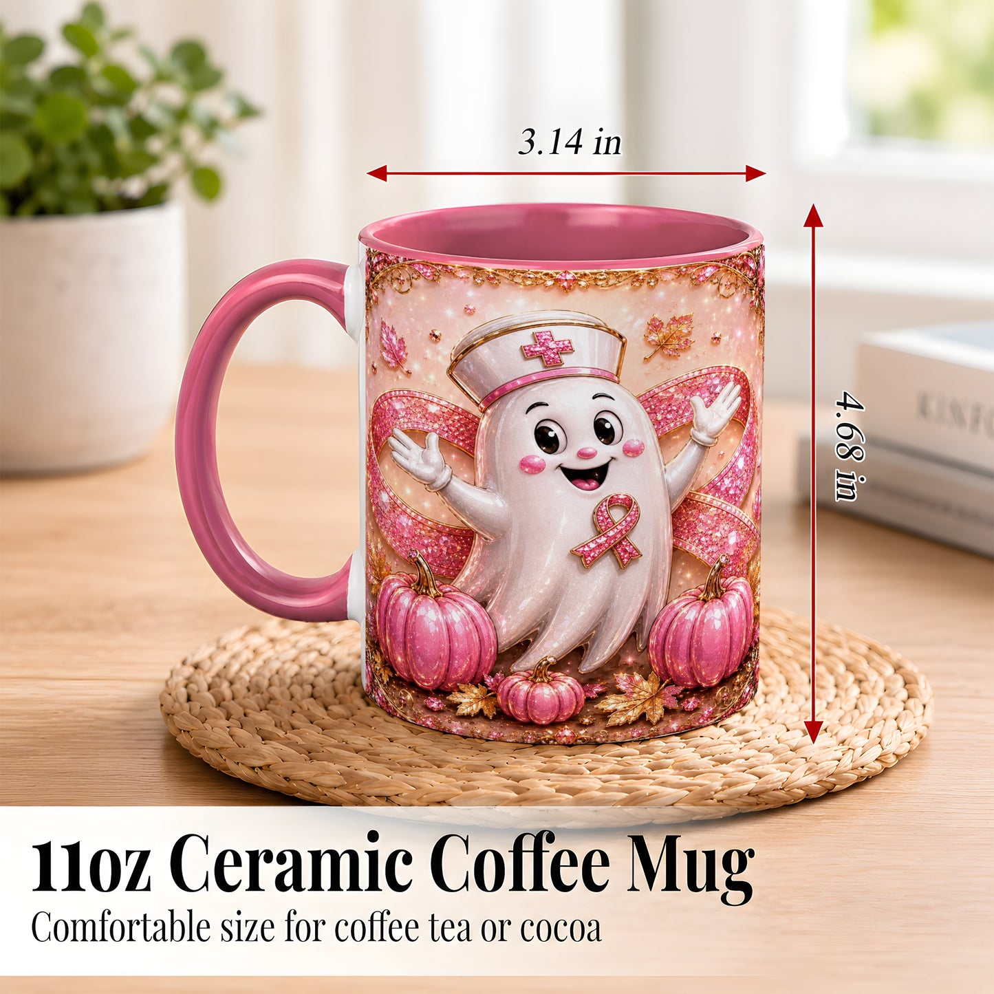 #pl[11oz|Pink] Pink Ribbon Nurse Ghost Coffee Mug, Halloween Mug, Ceramic Cup