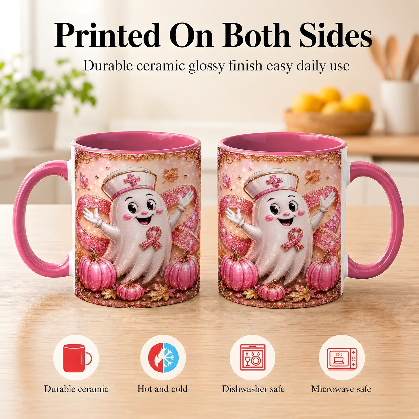 #pl[11oz|Pink] Pink Ribbon Nurse Ghost Coffee Mug, Halloween Mug, Ceramic Cup