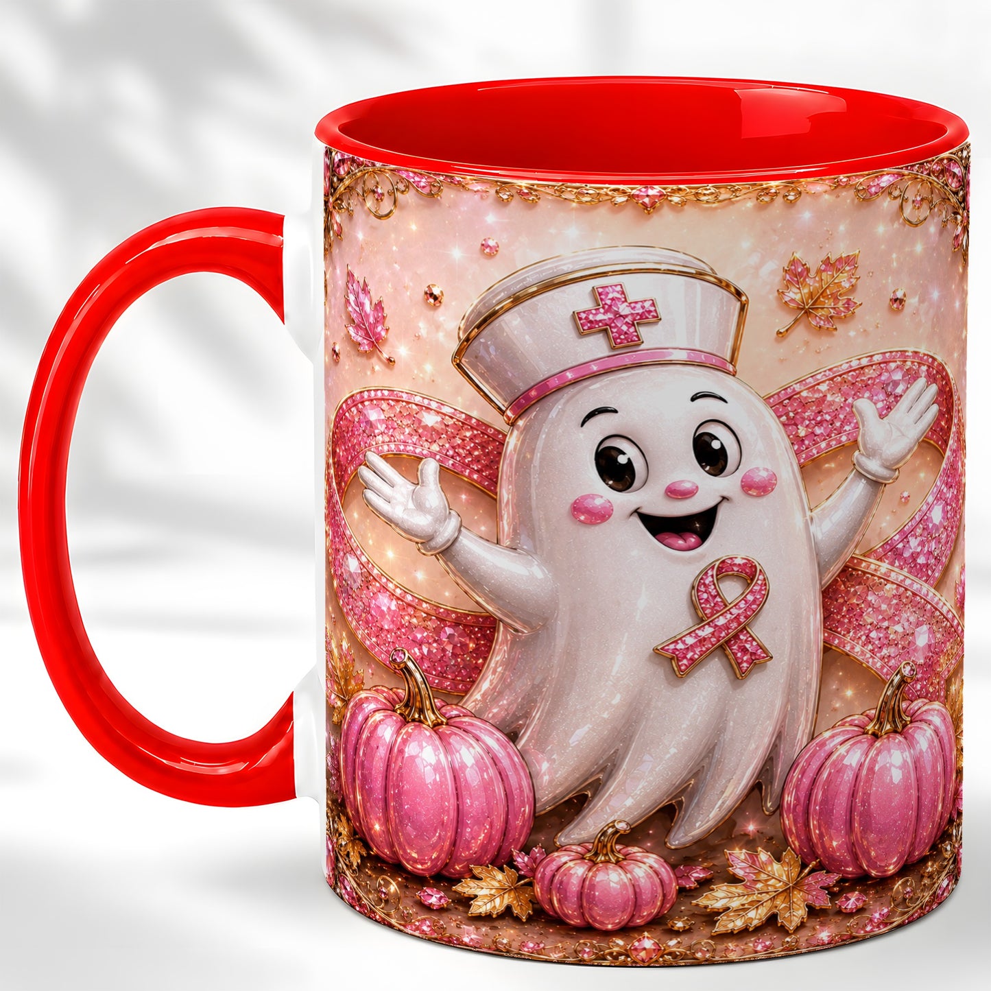 #pl[11oz|Red] Pink Ribbon Nurse Ghost Coffee Mug, Halloween Mug, Ceramic Cup